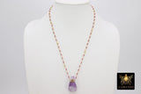 Holy Water Bottle Rosary Chain Necklace, Perfume or Essence Oil Amethyst, Natural Pink Tourmaline Gold Pyrite Necklace - A Girls Gems