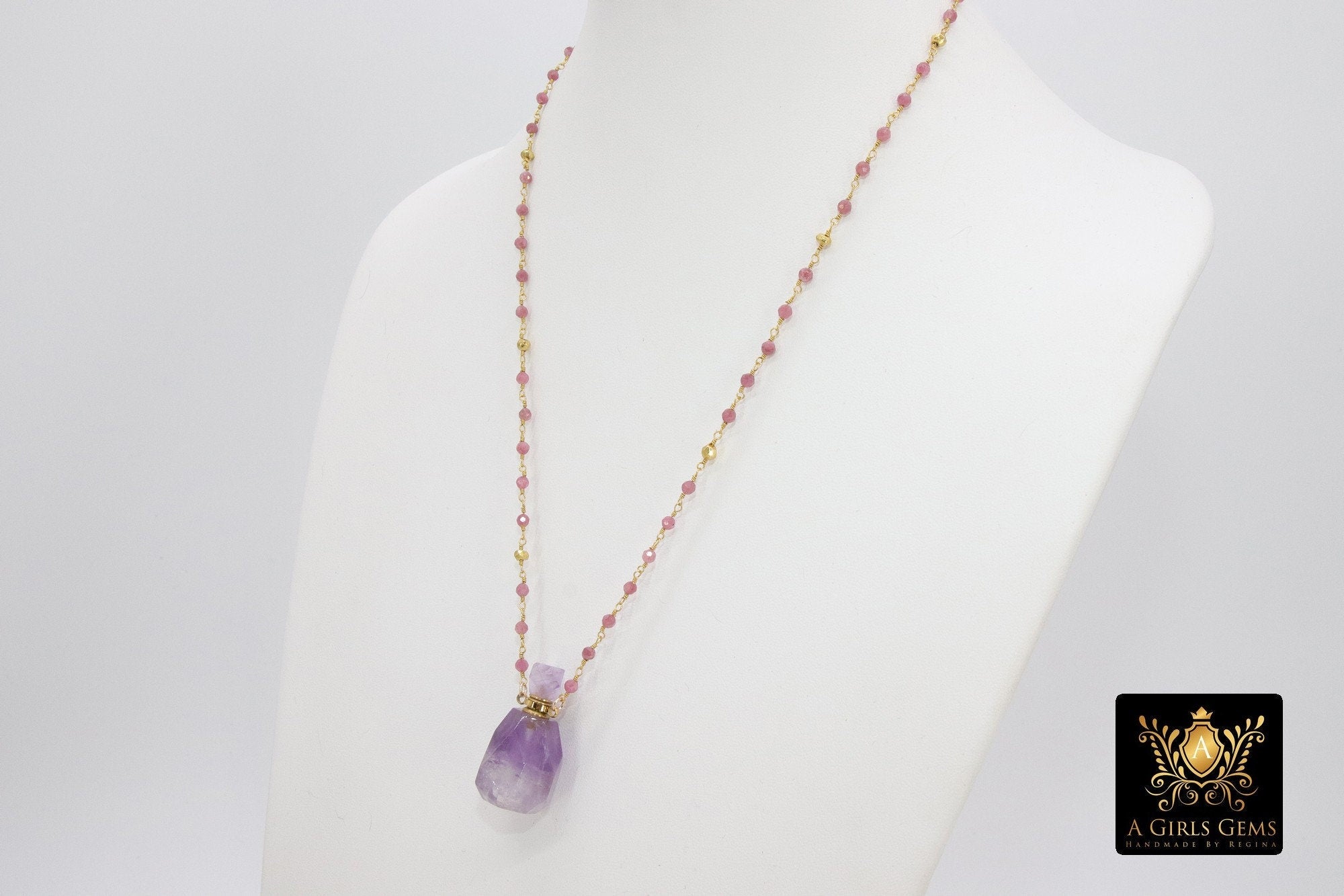 Holy Water Bottle Rosary Chain Necklace, Perfume or Essence Oil Amethyst, Natural Pink Tourmaline Gold Pyrite Necklace - A Girls Gems