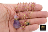 Holy Water Bottle Rosary Chain Necklace, Perfume or Essence Oil Amethyst, Natural Pink Tourmaline Gold Pyrite Necklace - A Girls Gems