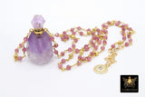 Holy Water Bottle Rosary Chain Necklace, Perfume or Essence Oil Amethyst, Natural Pink Tourmaline Gold Pyrite Necklace - A Girls Gems
