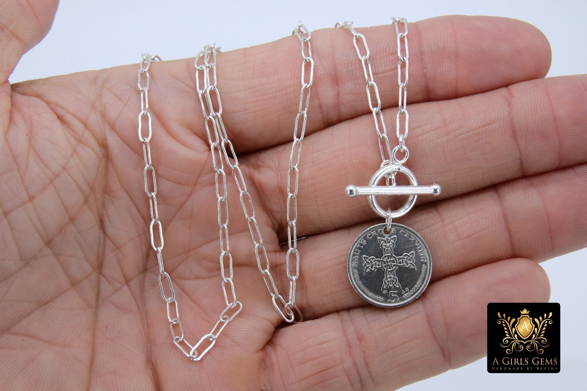 Coin Necklace, 925 Sterling Silver Oval Chain - A Girls Gems
