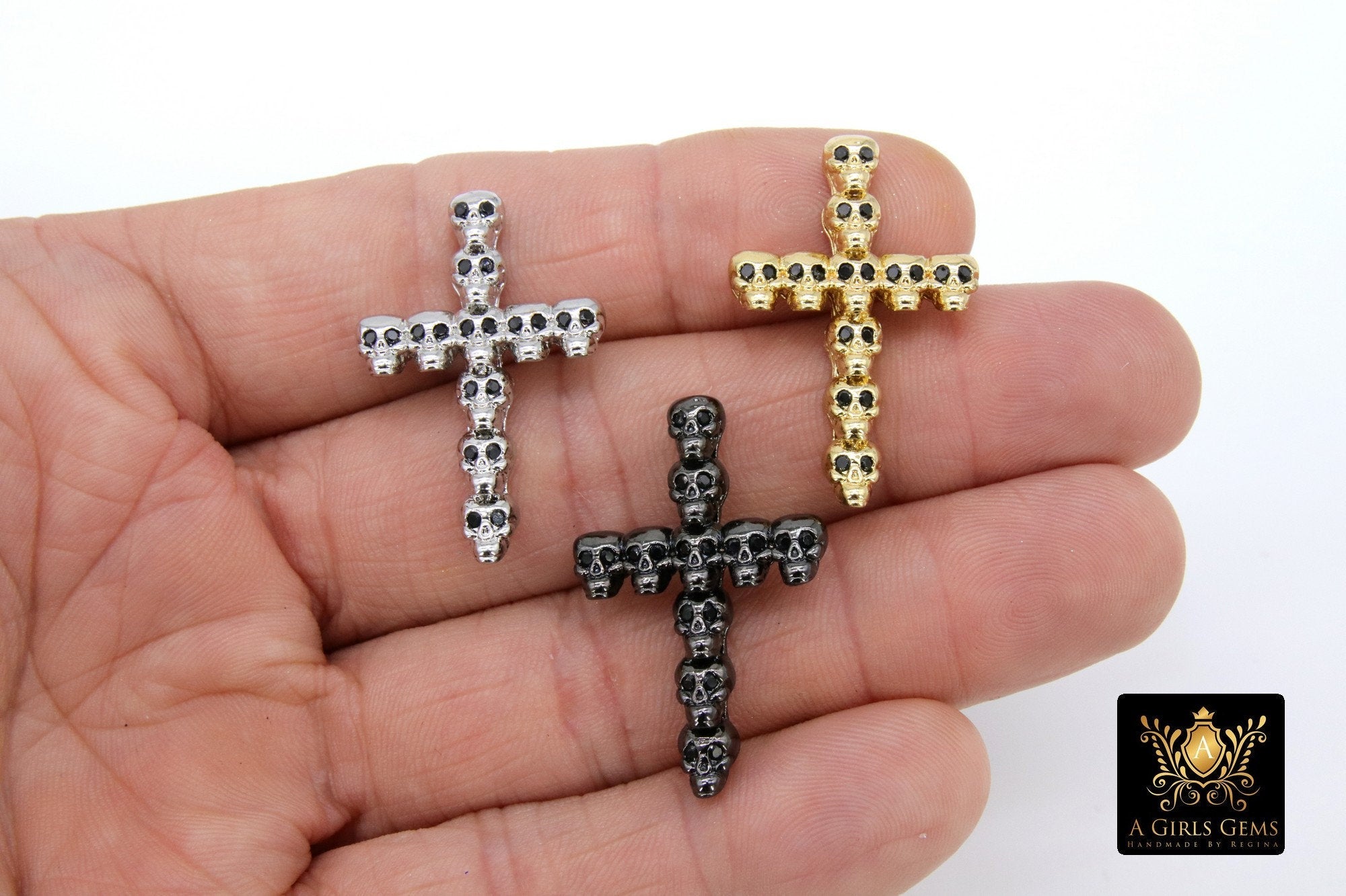 CZ Pave Skull Head Cross Charms, Gold, Black, Silver Necklace Skeleton Beads, Men's Jewelry #331 - A Girls Gems