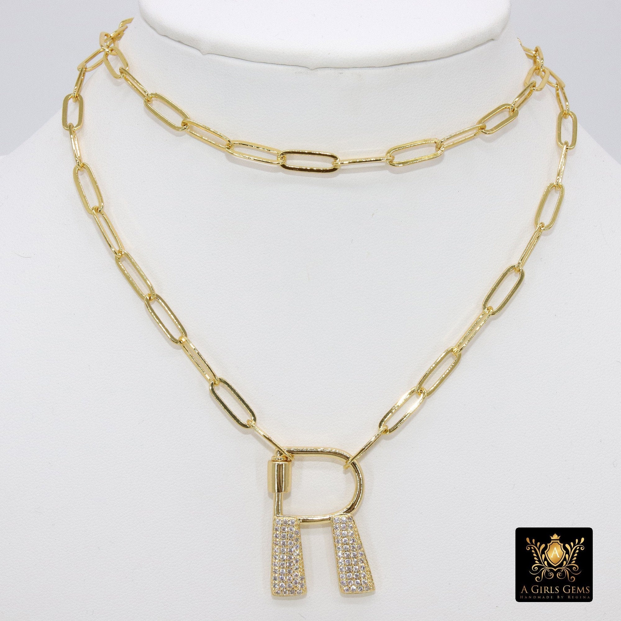 Gold Initial Chain Necklace, Cubic Zirconia Screw Initial Letters, Double Wrap - A Girls Gems