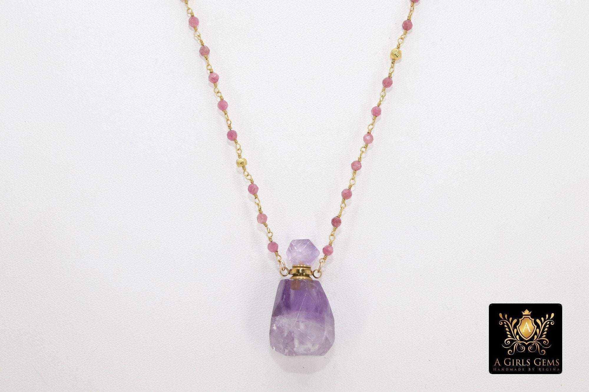 Holy Water Bottle Rosary Chain Necklace, Perfume or Essence Oil Amethyst, Natural Pink Tourmaline Gold Pyrite Necklace - A Girls Gems