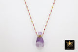 Holy Water Bottle Rosary Chain Necklace, Perfume or Essence Oil Amethyst, Natural Pink Tourmaline Gold Pyrite Necklace - A Girls Gems