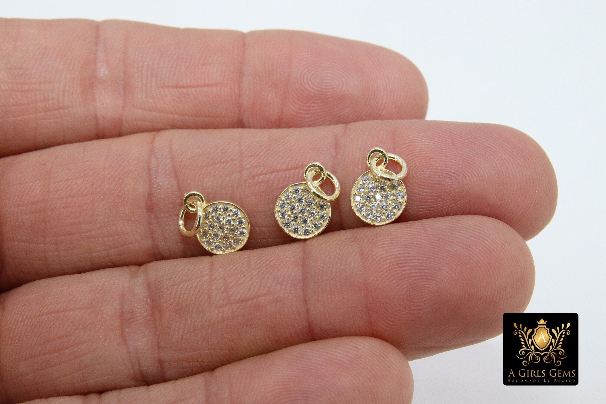14 K Gold CZ Pave Disc Charm, Gold 925 Sterling Silver Round Cubic Zirconia Charms #2143, 8 x 11 mm