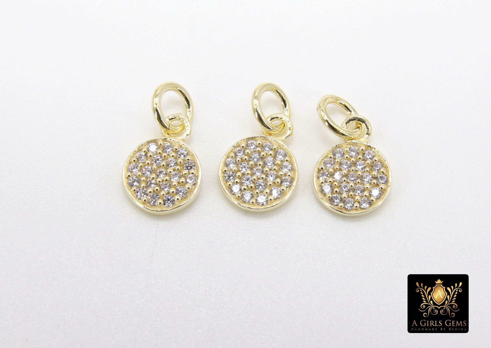 14 K Gold CZ Pave Disc Charm, Gold 925 Sterling Silver Round Cubic Zirconia Charms #2143, 8 x 11 mm