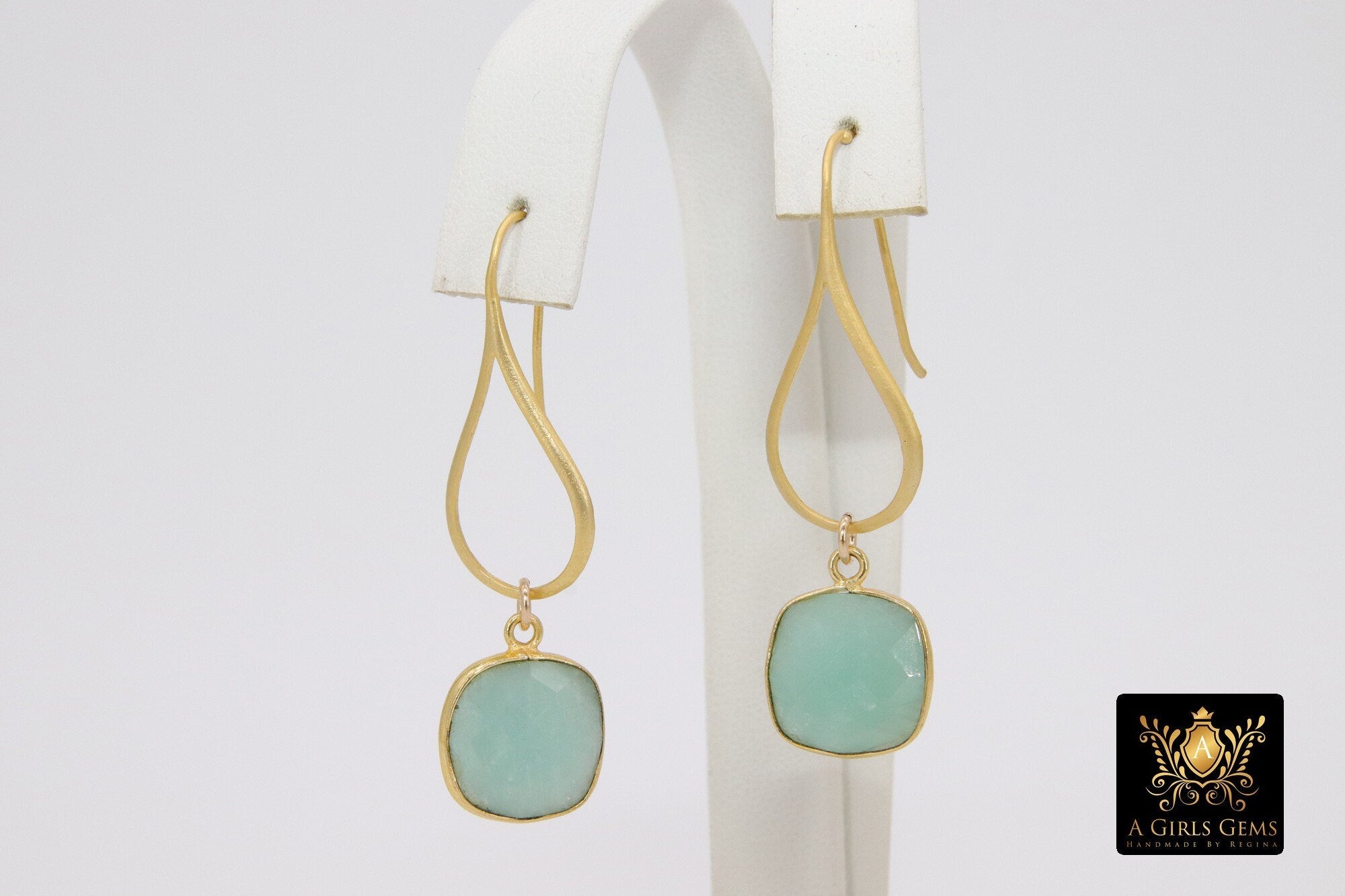 Blue Amazonite Earrings, Long Gemstone Earrings, Gold Dangle Ear Wire Hooks