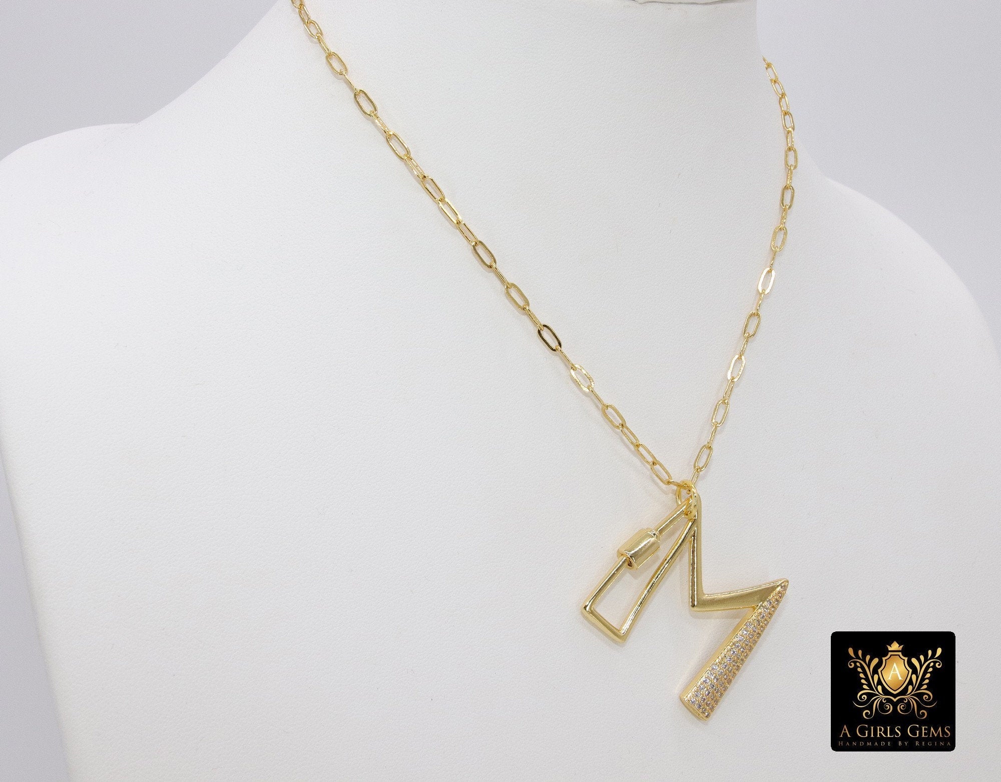 Gold Initial Chain Necklace, Cubic Zirconia Carabiner Initial Letters, Personalized Alphabet Choker - A Girls Gems