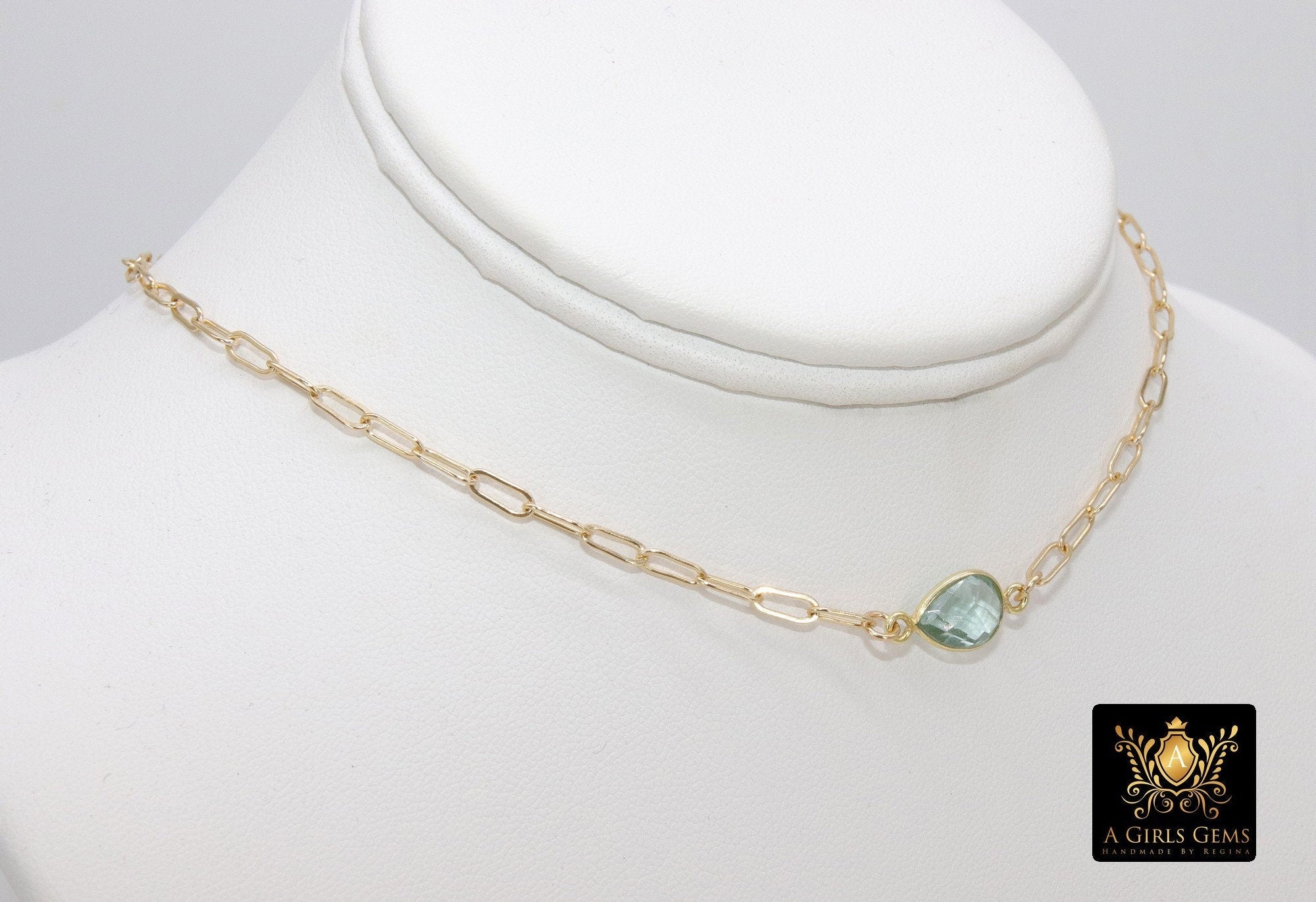 Gemstone Teardrop Necklace, 14 K Gold Filled Choker, Choice of Teardrop Gemstone, Adjustable Rectangle Chain - A Girls Gems