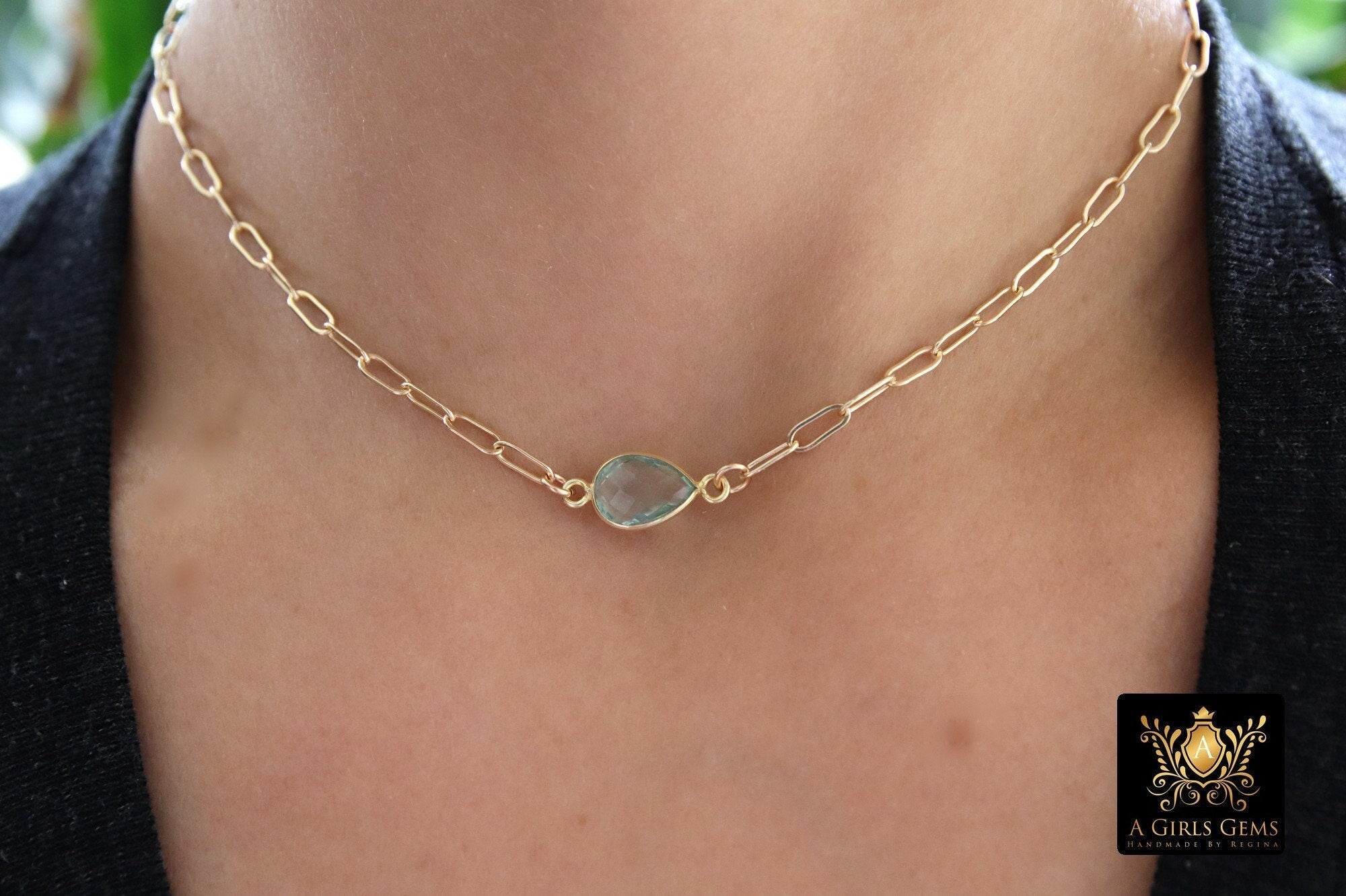 Gemstone Teardrop Necklace, 14 K Gold Filled Choker, Choice of Teardrop Gemstone, Adjustable Rectangle Chain - A Girls Gems