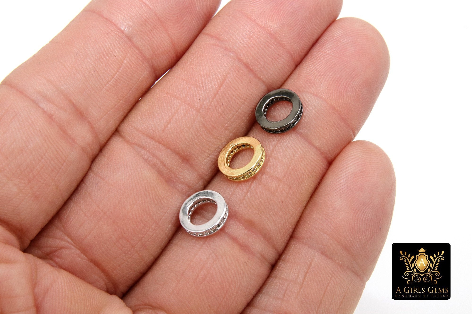 CZ Pave Round Gold Ring Charm, 9 mm Spacer Cubic Zirconia Beads, Connector Bail Rings #2545, Silver, Black, Gold Large Hole Pandora Dangle - A Girls Gems