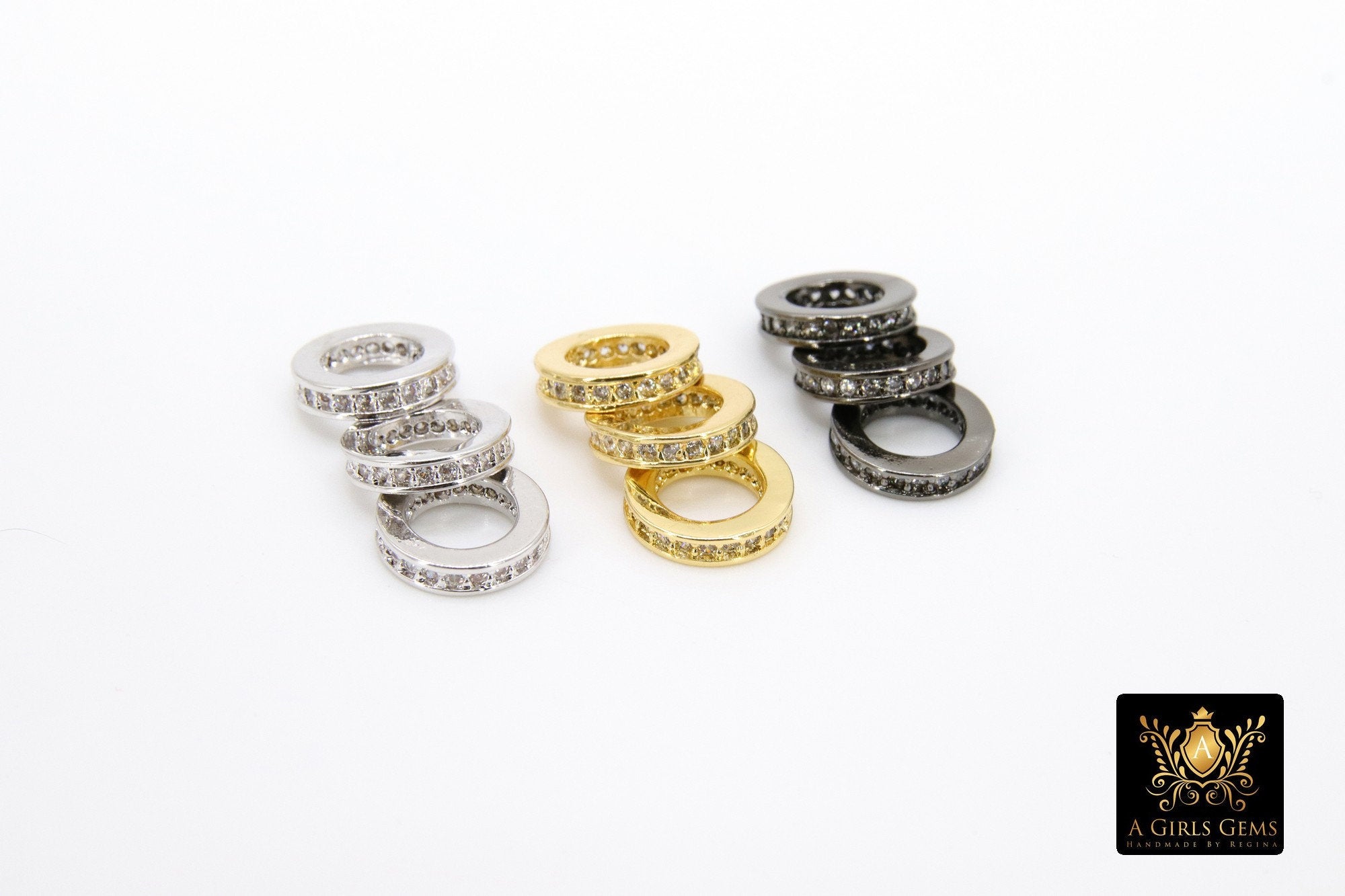 CZ Pave Round Gold Ring Charm, 9 mm Spacer Cubic Zirconia Beads, Connector Bail Rings #2545, Silver, Black, Gold Large Hole Pandora Dangle - A Girls Gems