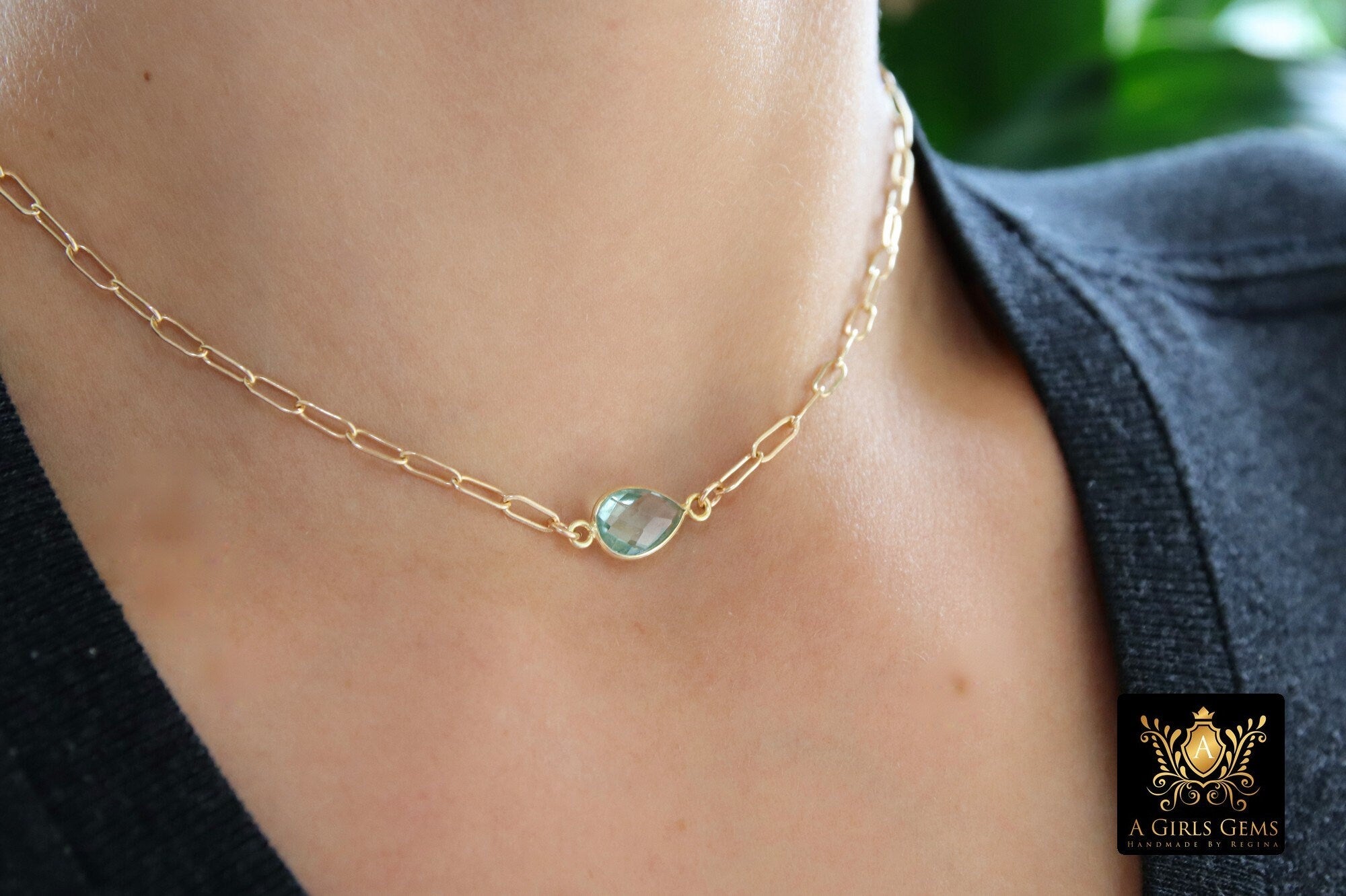 Gemstone Teardrop Necklace, 14 K Gold Filled Choker, Choice of Teardrop Gemstone, Adjustable Rectangle Chain - A Girls Gems