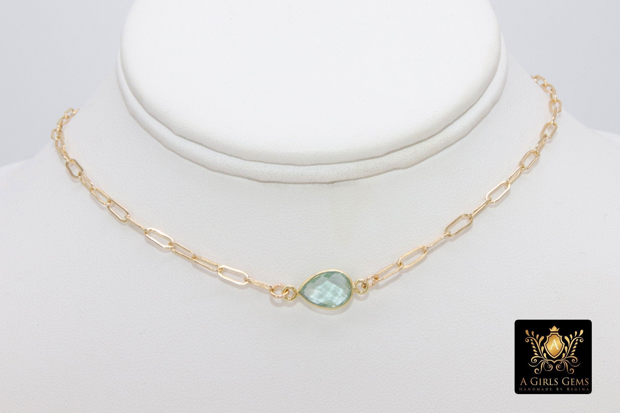 Gemstone Teardrop Necklace, 14 K Gold Filled Choker, Choice of Teardrop Gemstone, Adjustable Rectangle Chain - A Girls Gems