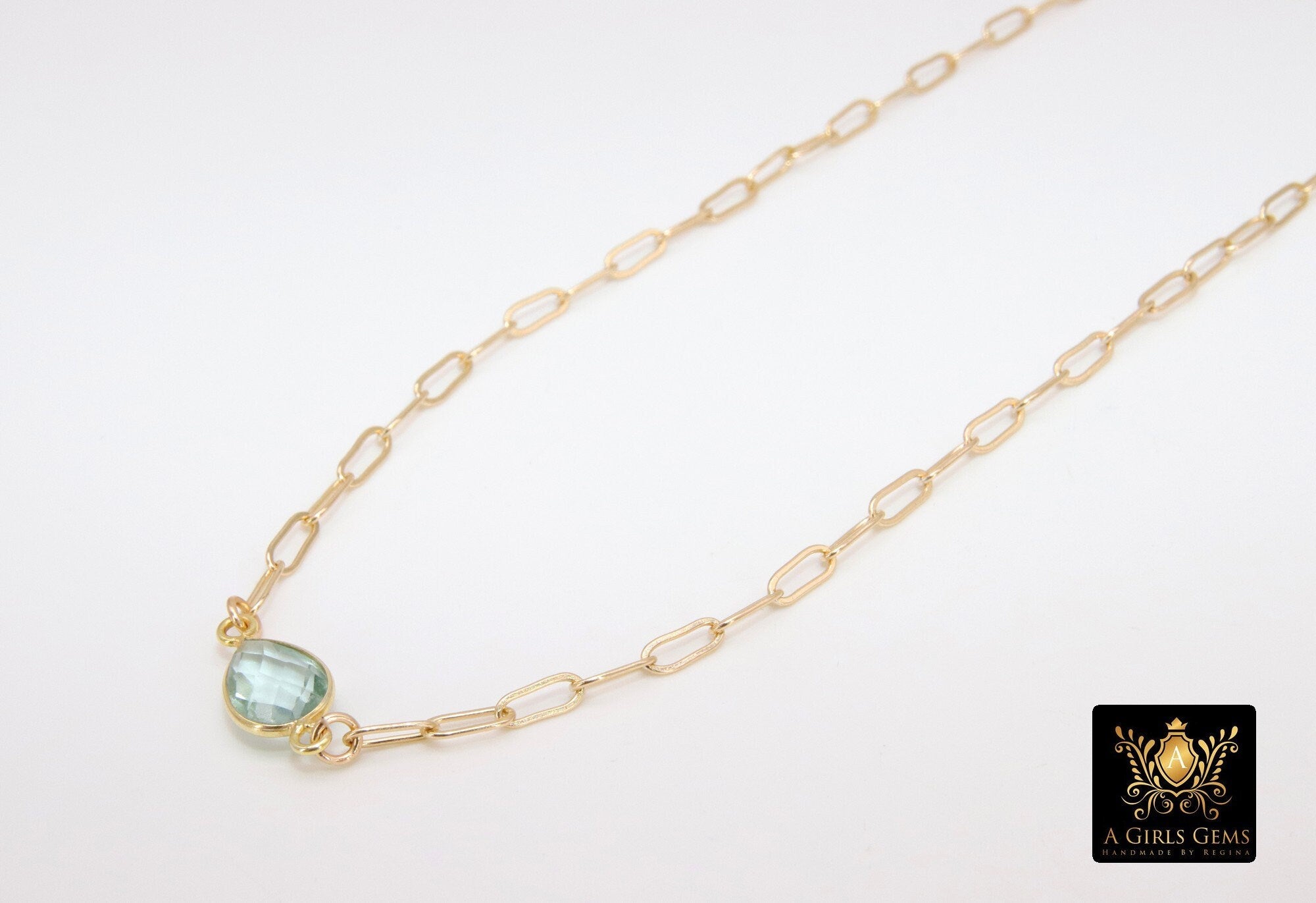 Gemstone Teardrop Necklace, 14 K Gold Filled Choker, Choice of Teardrop Gemstone, Adjustable Rectangle Chain - A Girls Gems