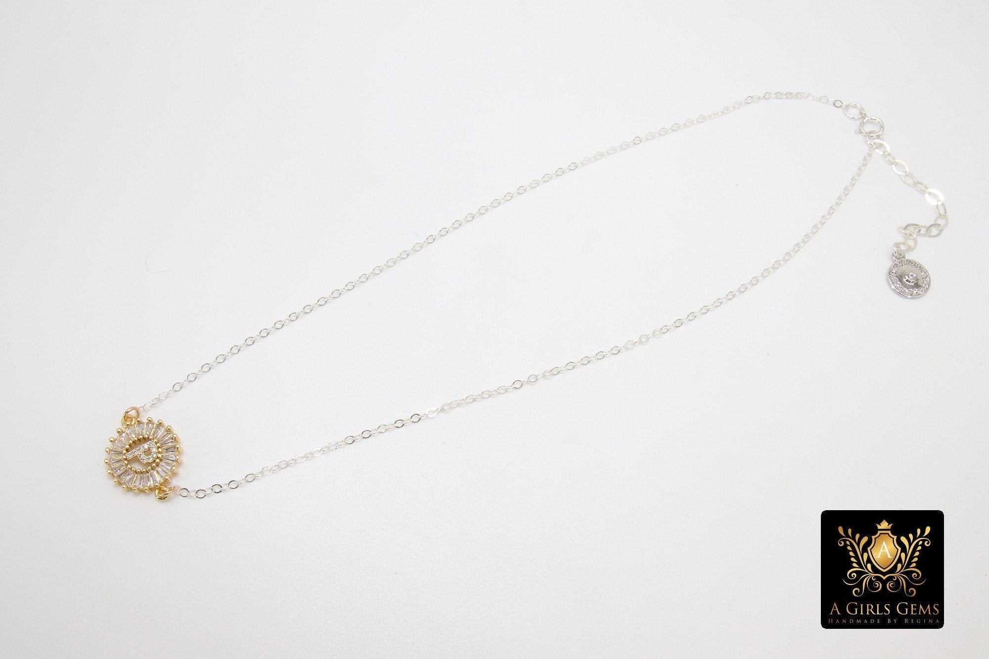 925 Silver Initial Chain Necklace, Cubic Zirconia Baguette Round Gold Disc Letters in Choker, Personalized Alphabet - A Girls Gems