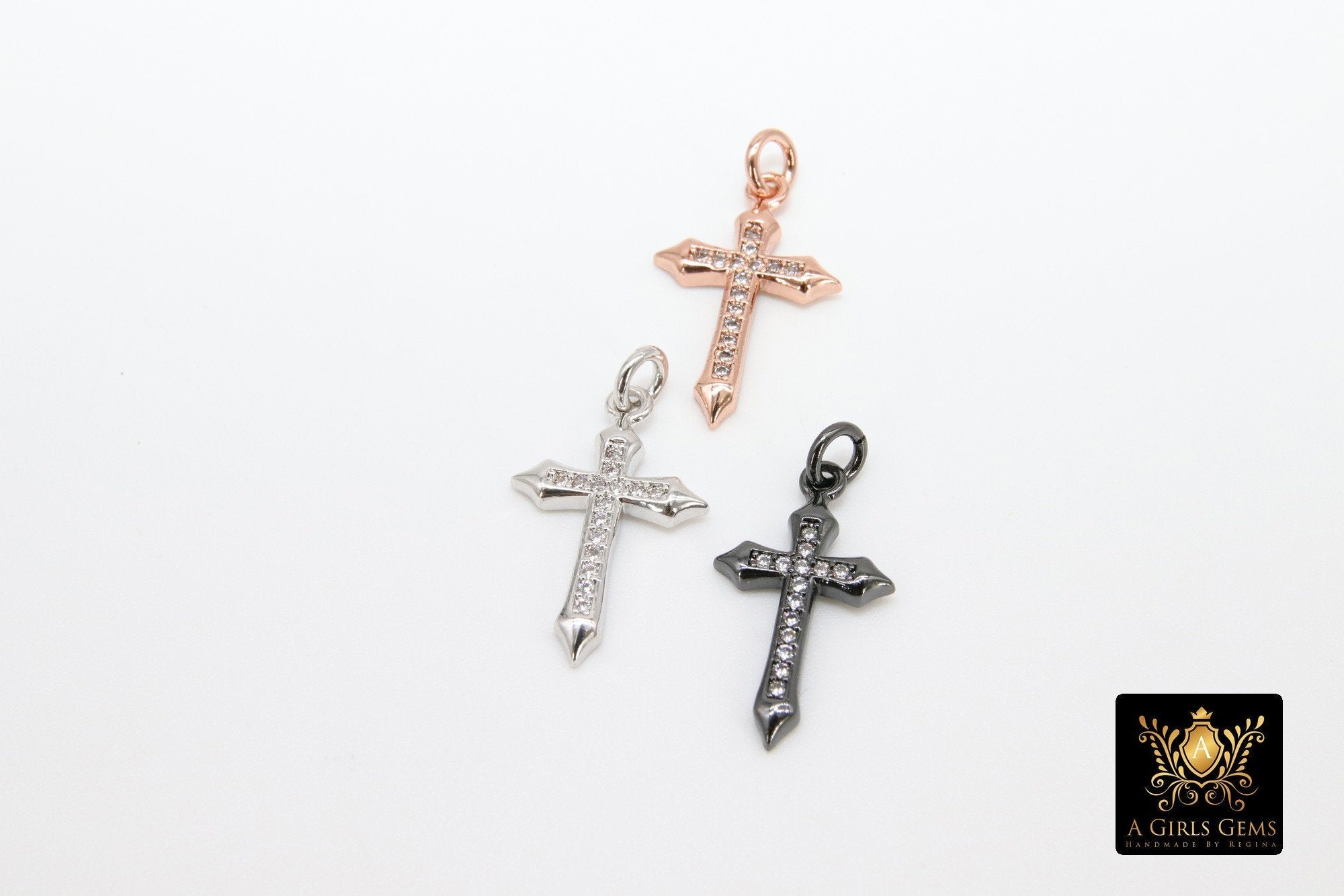 Rose Gold Cross Charms, CZ Micro Pave Dainty Religious Cross Pendants, 12 x 21 mm Small Cross for Rosary Chains, Beaded Bracelets - A Girls Gems