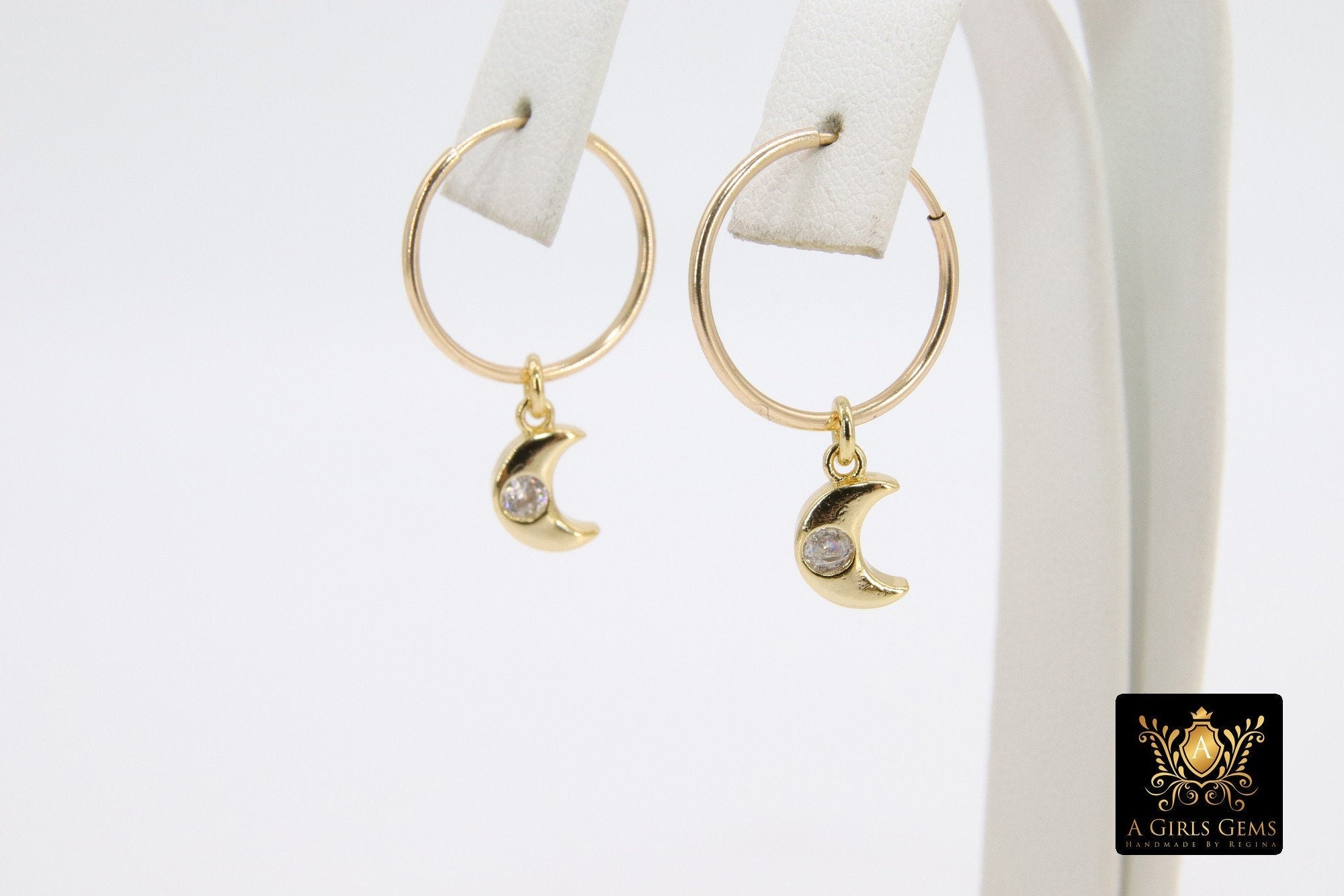14 K Gold Filled Endless Hoop with CZ Heart, Gold Hooplet Dangle Clear CZ Heart Charms #2548