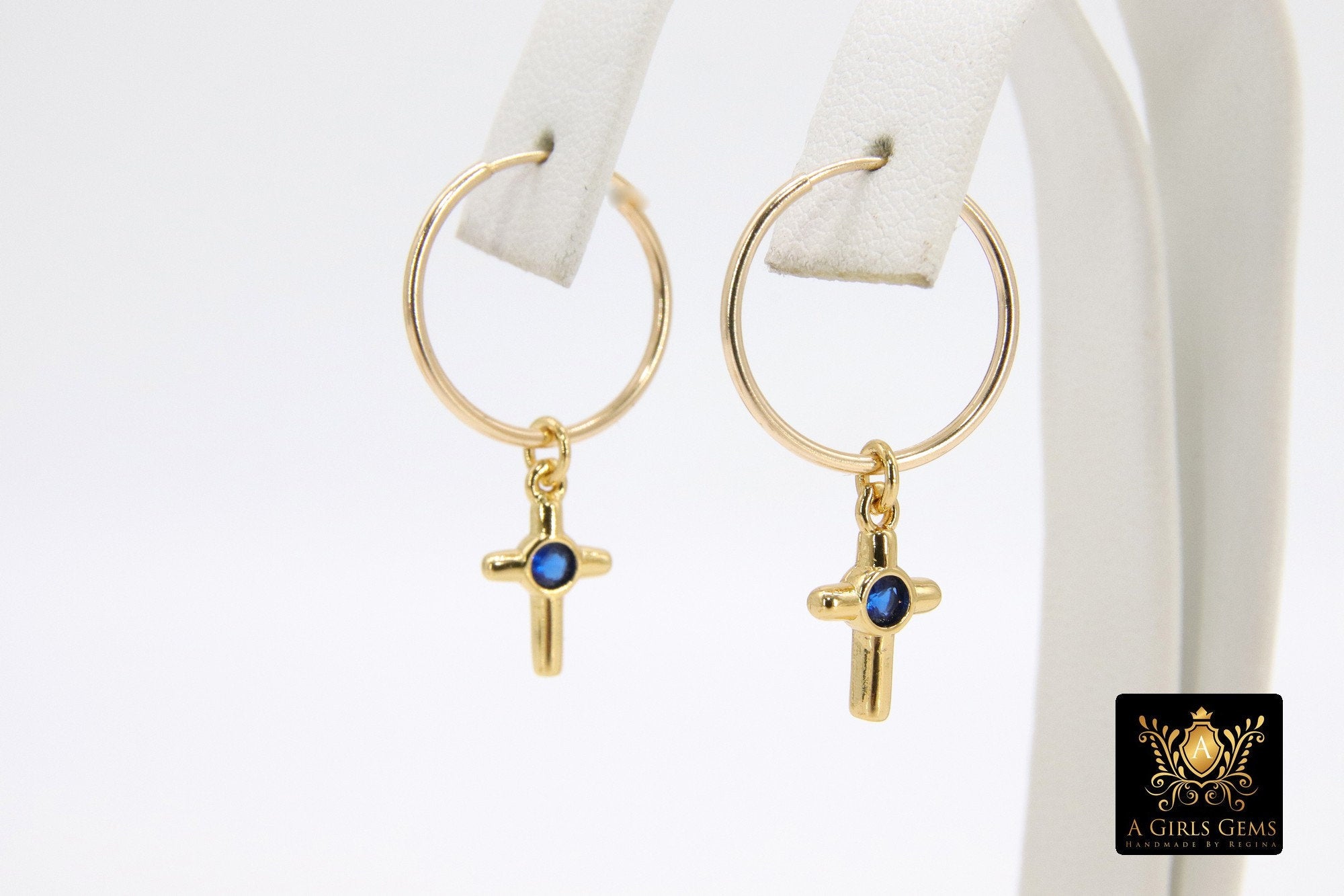 14 K Gold Filled Endless Hoop with CZ Red Cross, Gold Hooplet Dangle Clear CZ Cross Charms #2548 - A Girls Gems