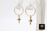 14 K Gold Filled Endless Hoop with CZ Red Cross, Gold Hooplet Dangle Clear CZ Cross Charms #2548