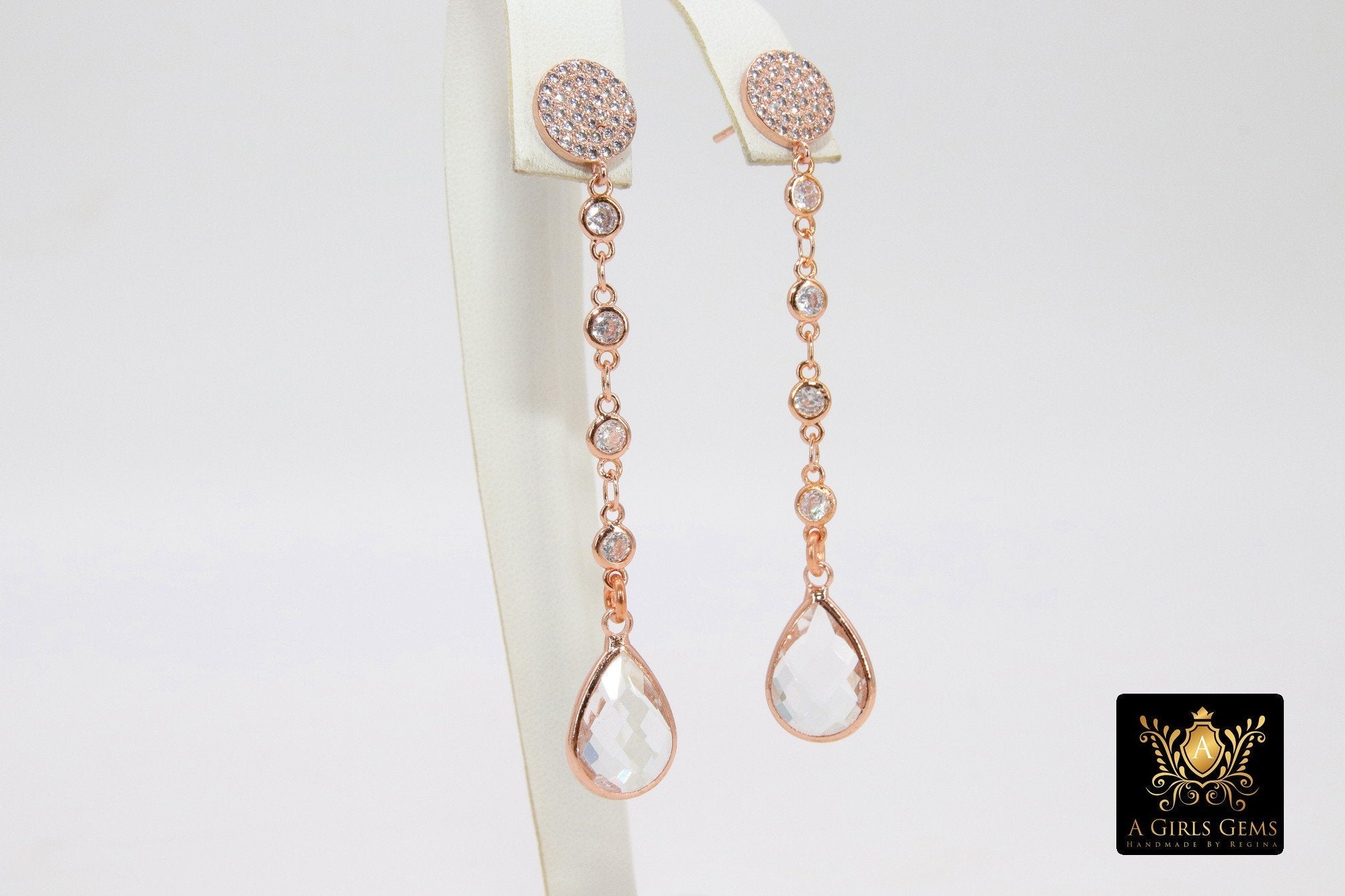 Dainty Chain Rose Gold CZ Earrings, Cubic Zirconia Teardrop, Dangle Drop Stud Earrings - A Girls Gems