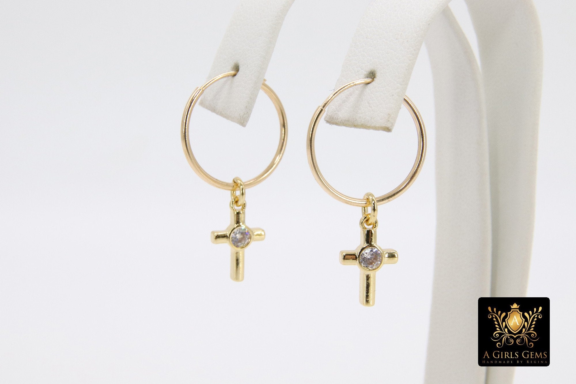 14 K Gold Filled Endless Hoop with CZ Red Cross, Gold Hooplet Dangle Clear CZ Cross Charms #2548 - A Girls Gems