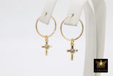 14 K Gold Filled Endless Hoop with CZ Red Cross, Gold Hooplet Dangle Clear CZ Cross Charms #2548 - A Girls Gems