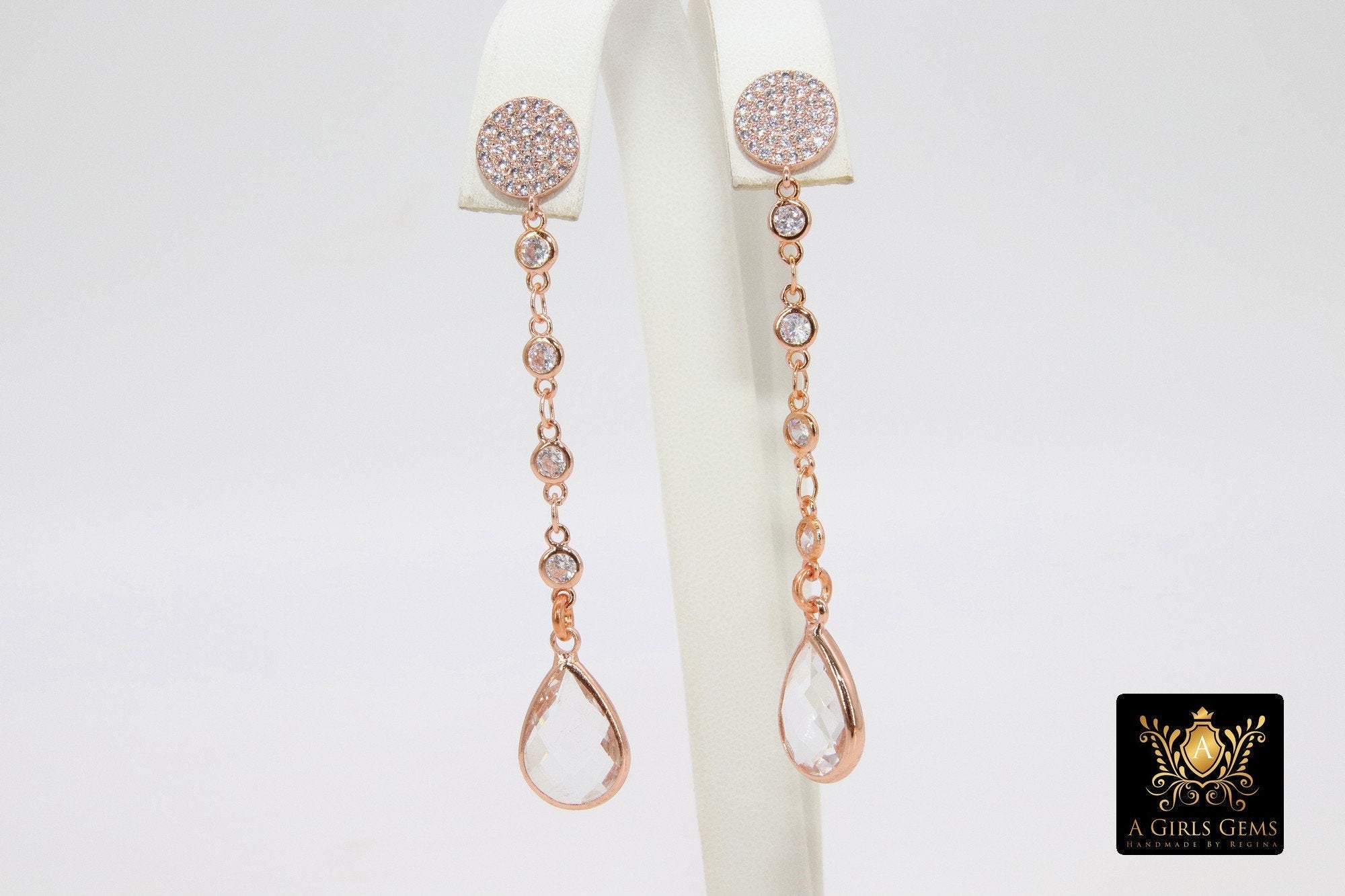 Dainty Chain Rose Gold CZ Earrings, Cubic Zirconia Teardrop, Dangle Drop Stud Earrings - A Girls Gems