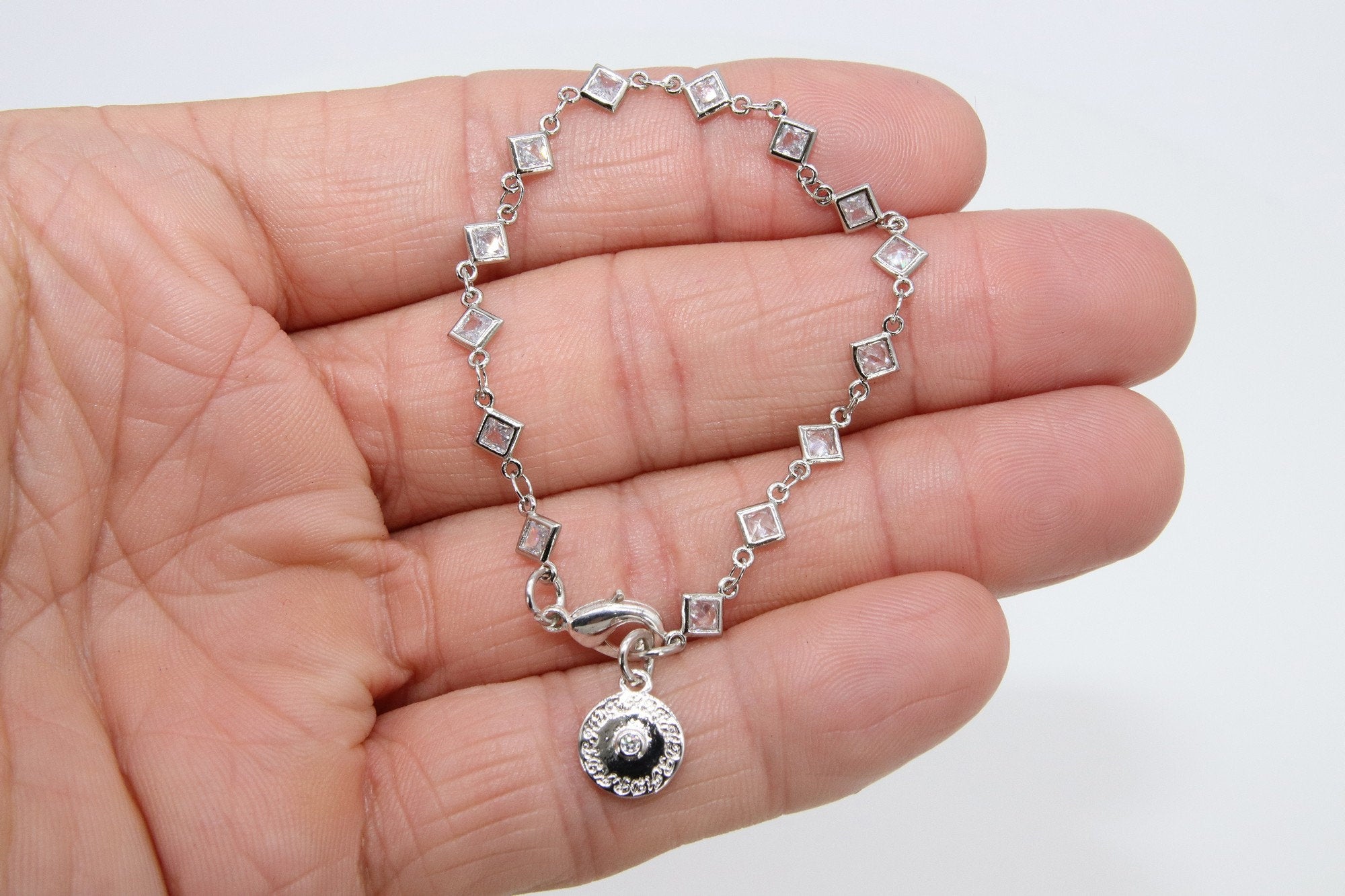 Silver CZ Bracelet, Gold Cubic Zirconia Dainty Diamond Shape Chain Link Bracelet - A Girls Gems