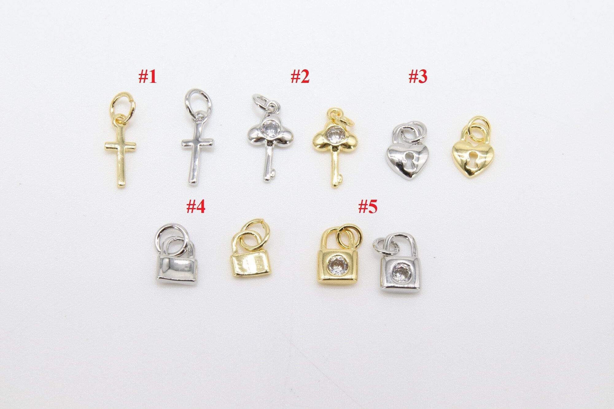CZ Gold Mini Heart Charms, 4 Pc Tiny Silver Key Lock #2623, Cross and Padlock Necklace Bracelet Dangles
