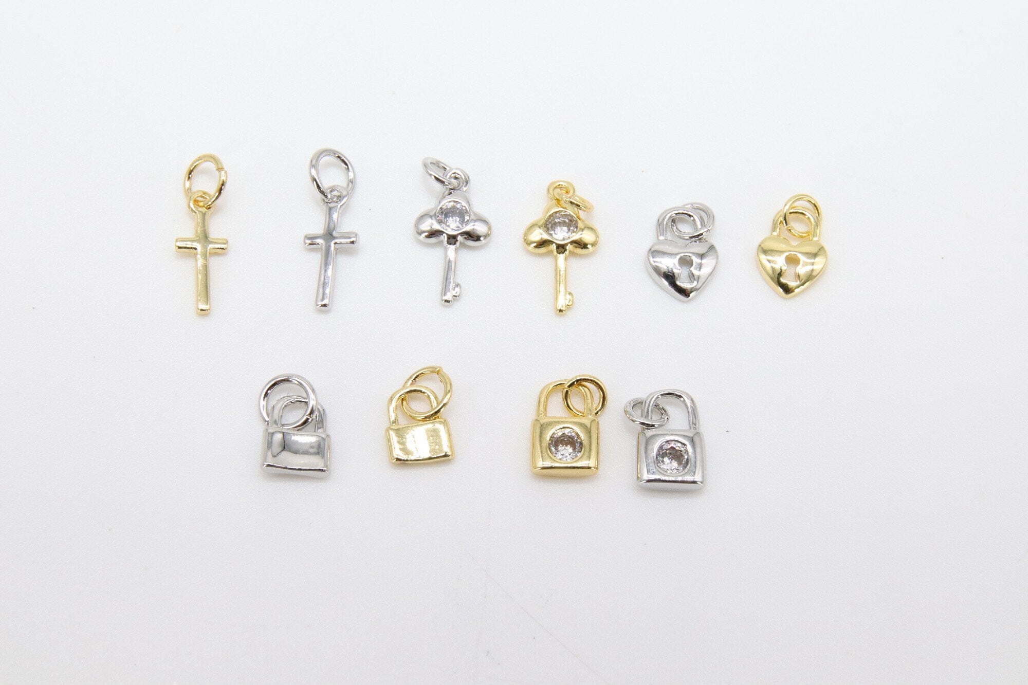 CZ Gold Mini Heart Charms, 4 Pc Tiny Silver Key Lock #2623, Cross and Padlock Necklace Bracelet Dangles