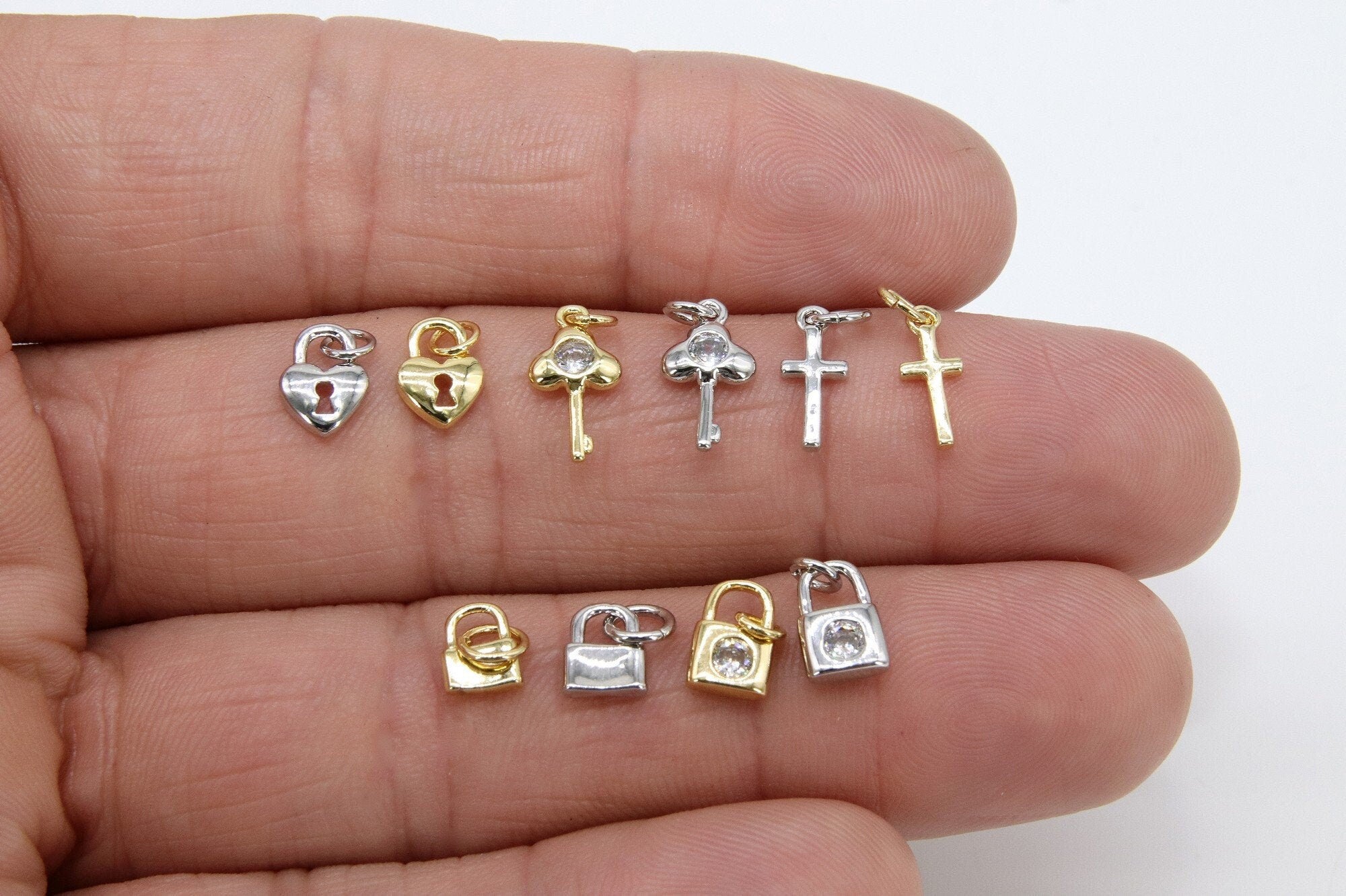 CZ Gold Mini Heart Charms, 4 Pc Tiny Silver Key Lock #2623, Cross and Padlock Necklace Bracelet Dangles