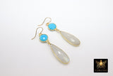14 K Gold Filled Earrings, Blue Turquoise and Rainbow Moonstone Gemstones, Dangle Teardrop Wire Hooks - A Girls Gems