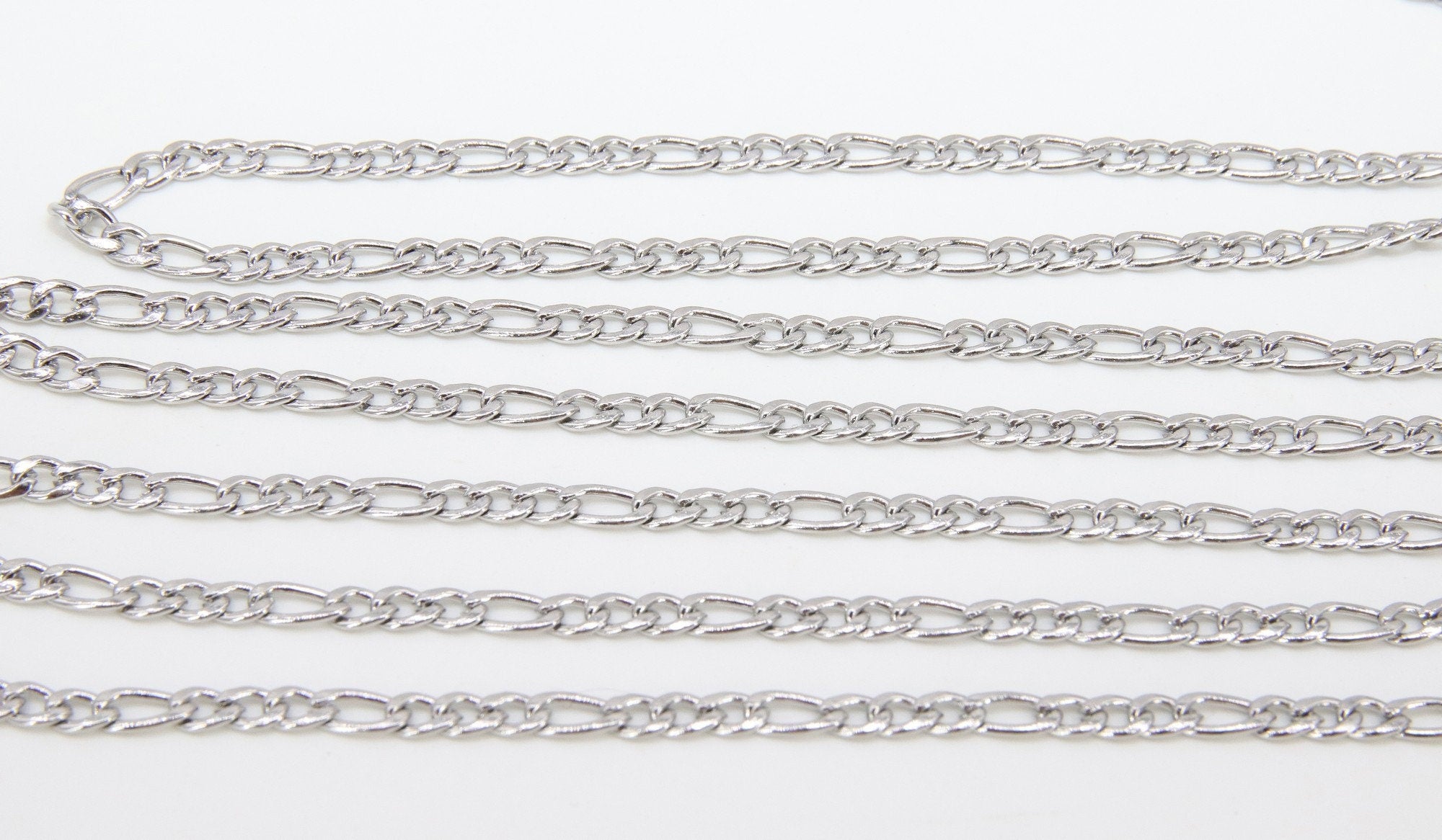 Stainless Steel Figaro Faceted Chain, Silver Chains 6 x 3 and 4 x 3 mm Links, Unfinished Jewelry Chains By the Yard