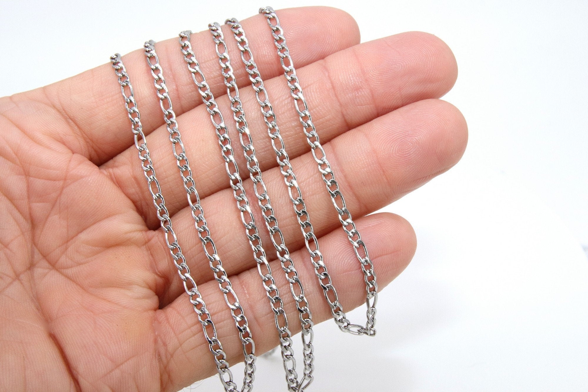Stainless Steel Figaro Faceted Chain, Silver Chains 6 x 3 and 4 x 3 mm Links, Unfinished Jewelry Chains By the Yard
