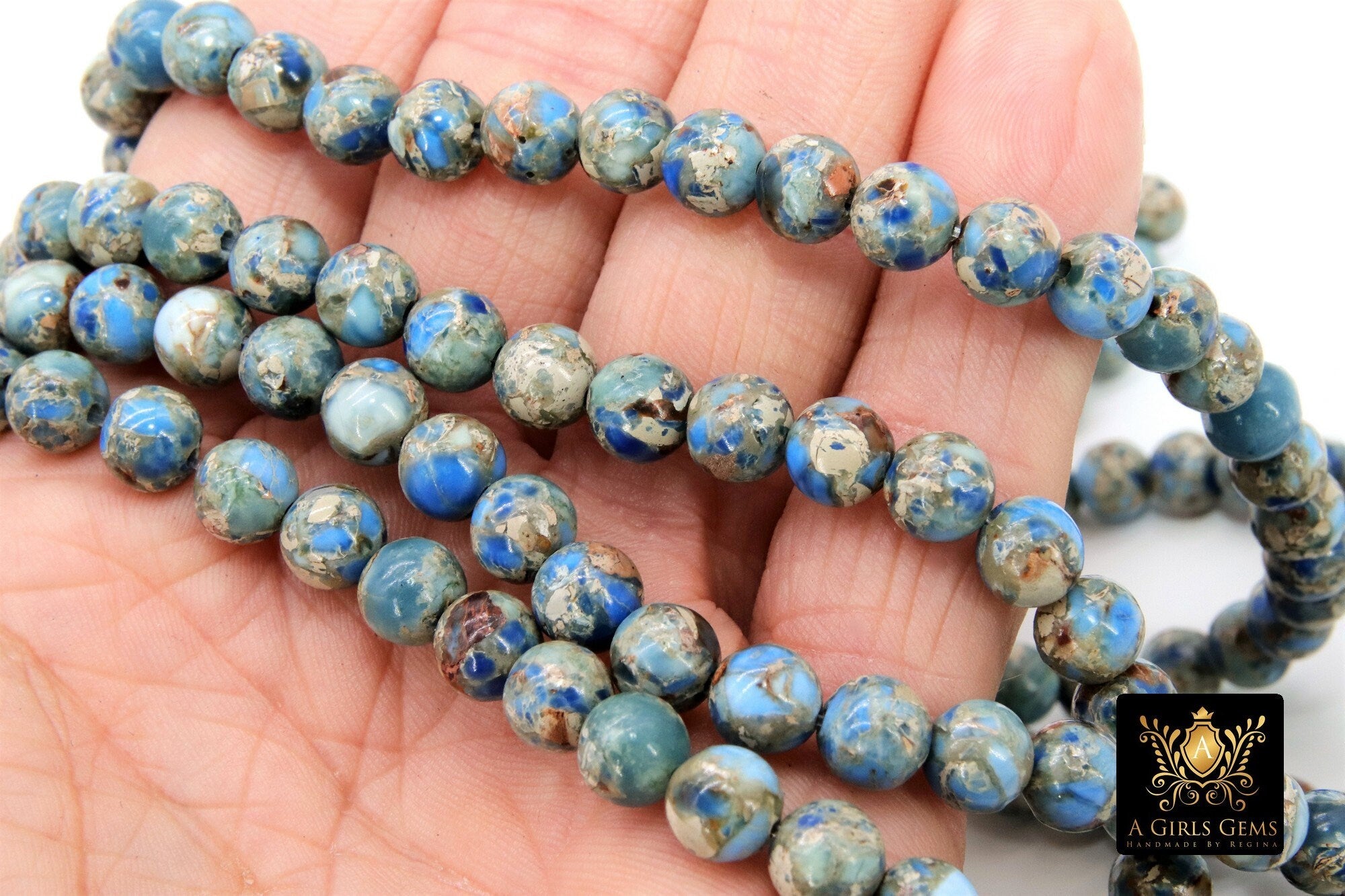 Natural Imperial Baby Blue Jasper Beads, Sea Sediment Round Marbleized Beige and Light Gray Beads BS #2 - A Girls Gems