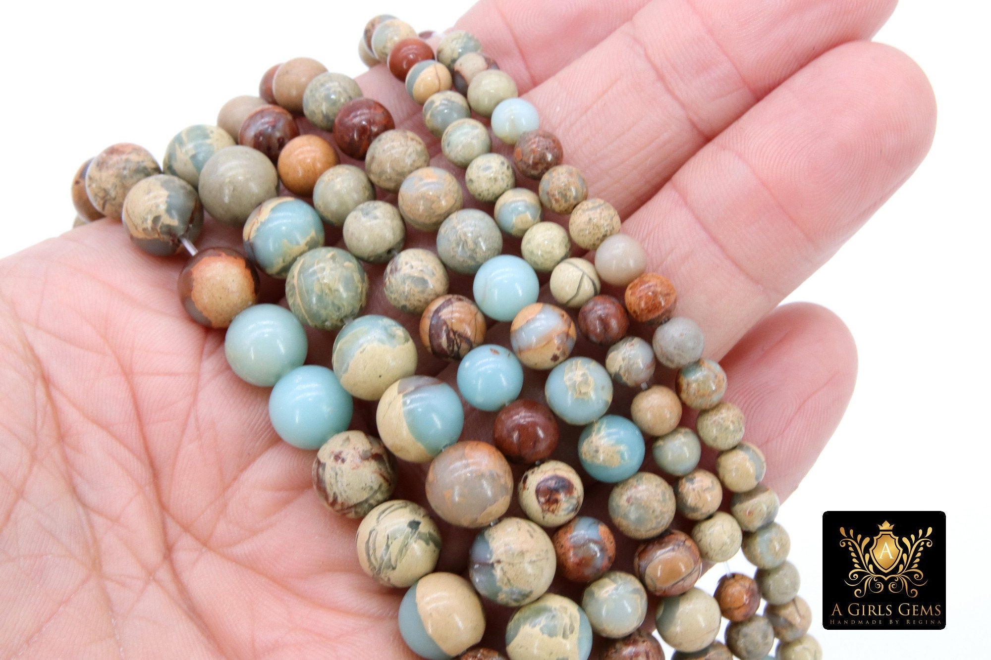 Natural African Blue Turquoise Opal Beads, Beige and Cream Round Jasper Beads, sizes  6mm 8mm 10mm 15.75 inch Strands - A Girls Gems