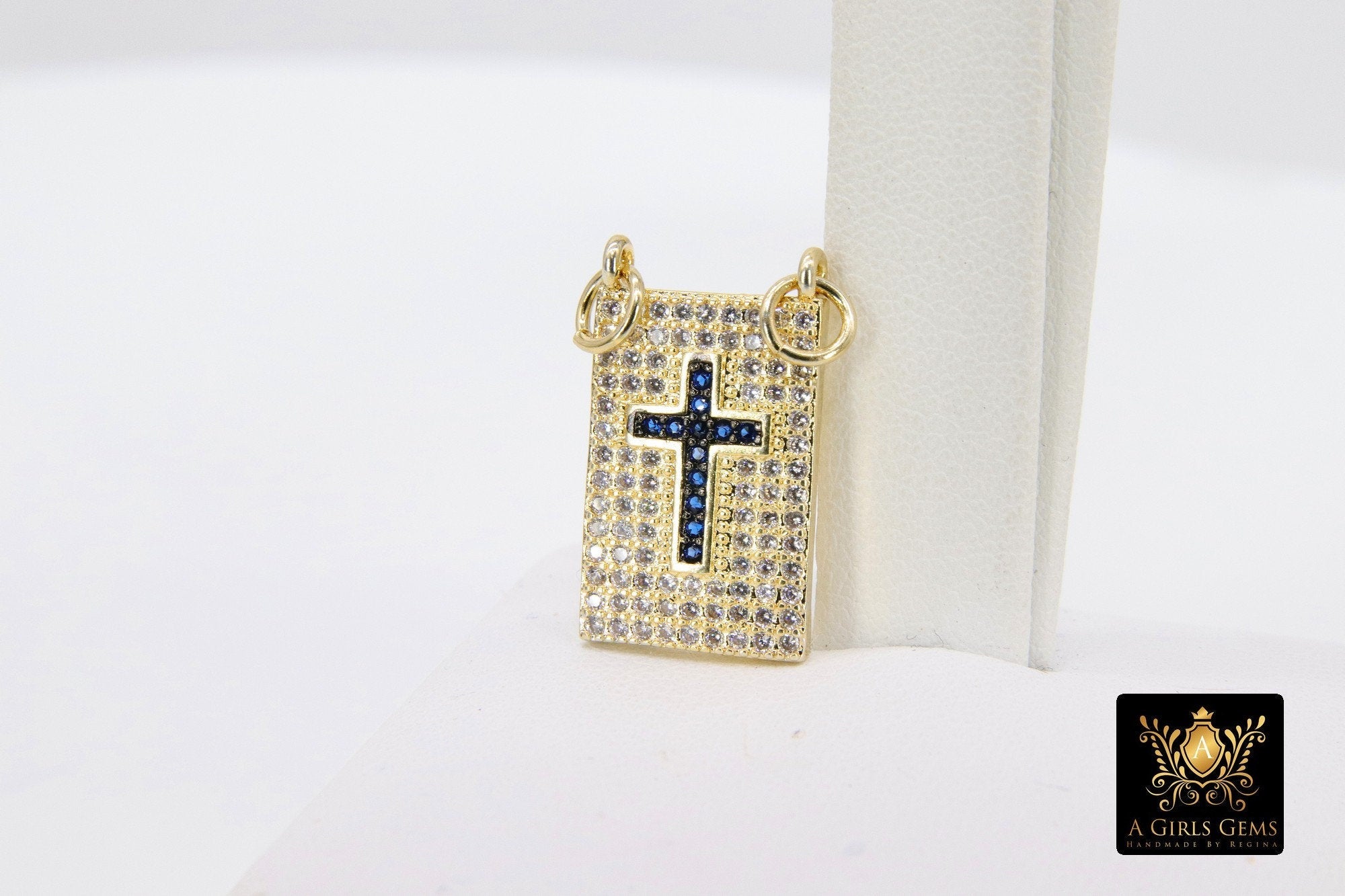 Gold CZ Pave Blue Cross Charm, 12 x 20 mm Scapula Heart Style Sapphire Rectangle Charm #442, 2 jump ring Connector - A Girls Gems