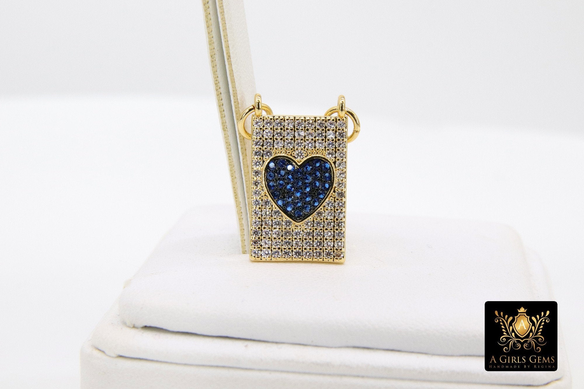 Gold CZ Pave Blue Cross Charm, 12 x 20 mm Scapula Heart Style Sapphire Rectangle Charm #442, 2 jump ring Connector - A Girls Gems