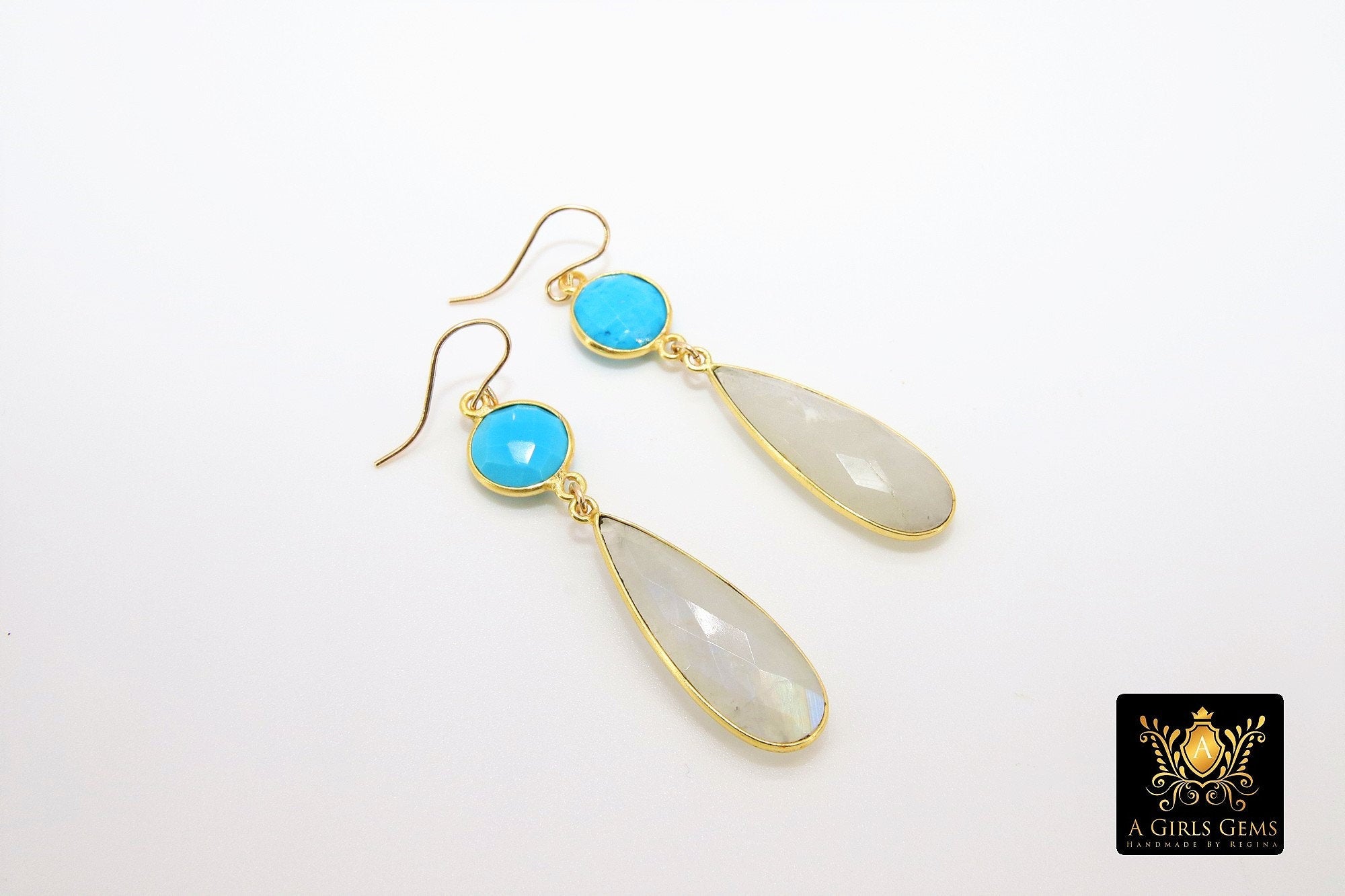 14 K Gold Filled Earrings, Blue Turquoise and Rainbow Moonstone Gemstones, Dangle Teardrop Wire Hooks - A Girls Gems