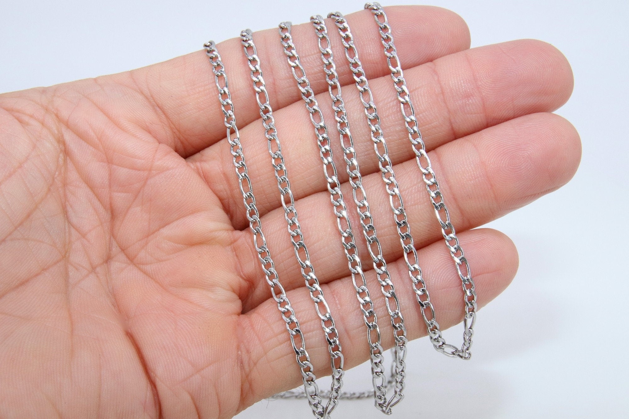 Stainless Steel Figaro Faceted Chain, Silver Chains 6 x 3 and 4 x 3 mm Links, Unfinished Jewelry Chains By the Yard