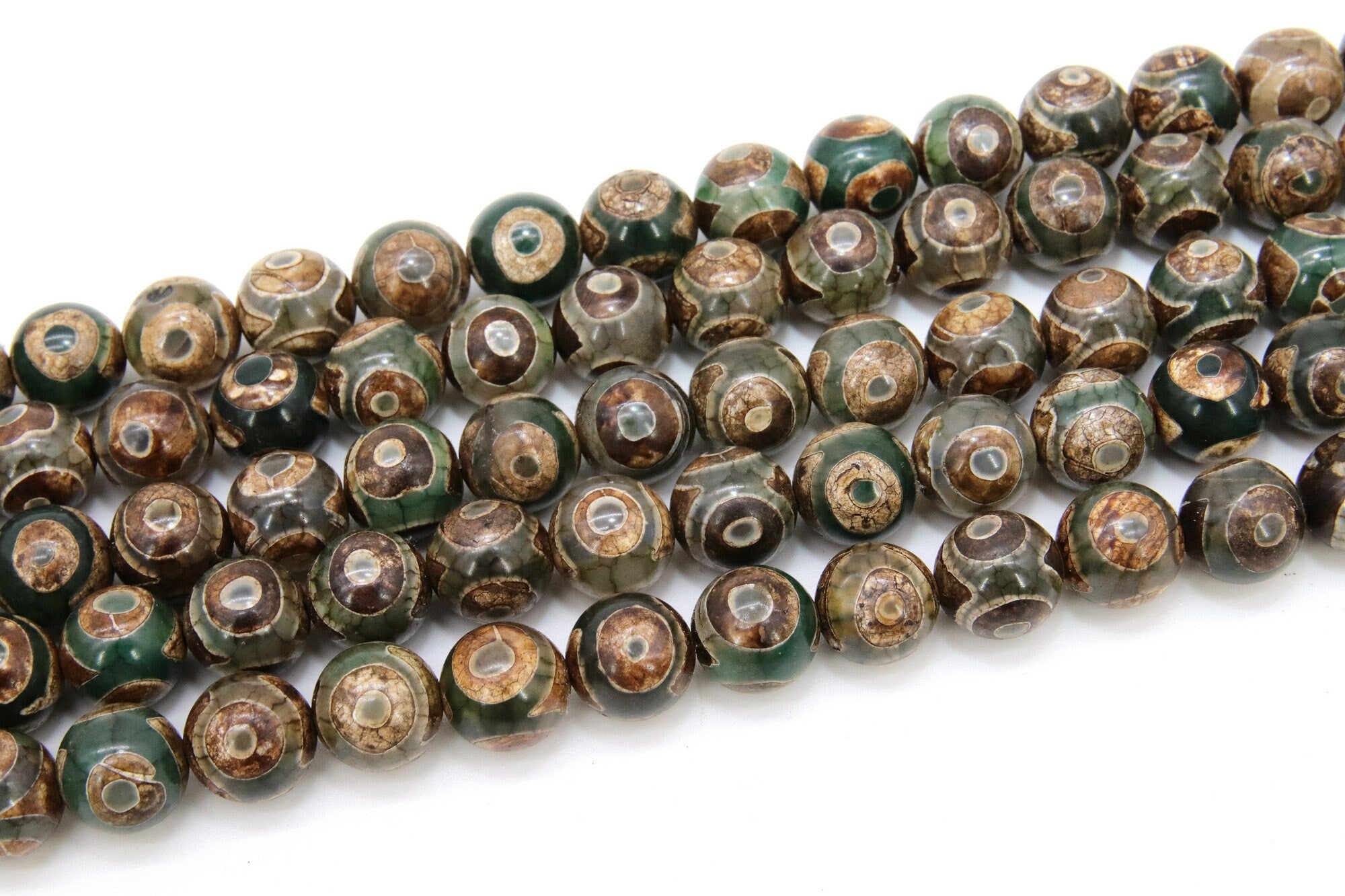 Tibetan DZI Agate Beads, Smooth Round Olive Hunter Green and Antique Brown Beads BS #37, sizes in 10 mm 15.75 inch Strands