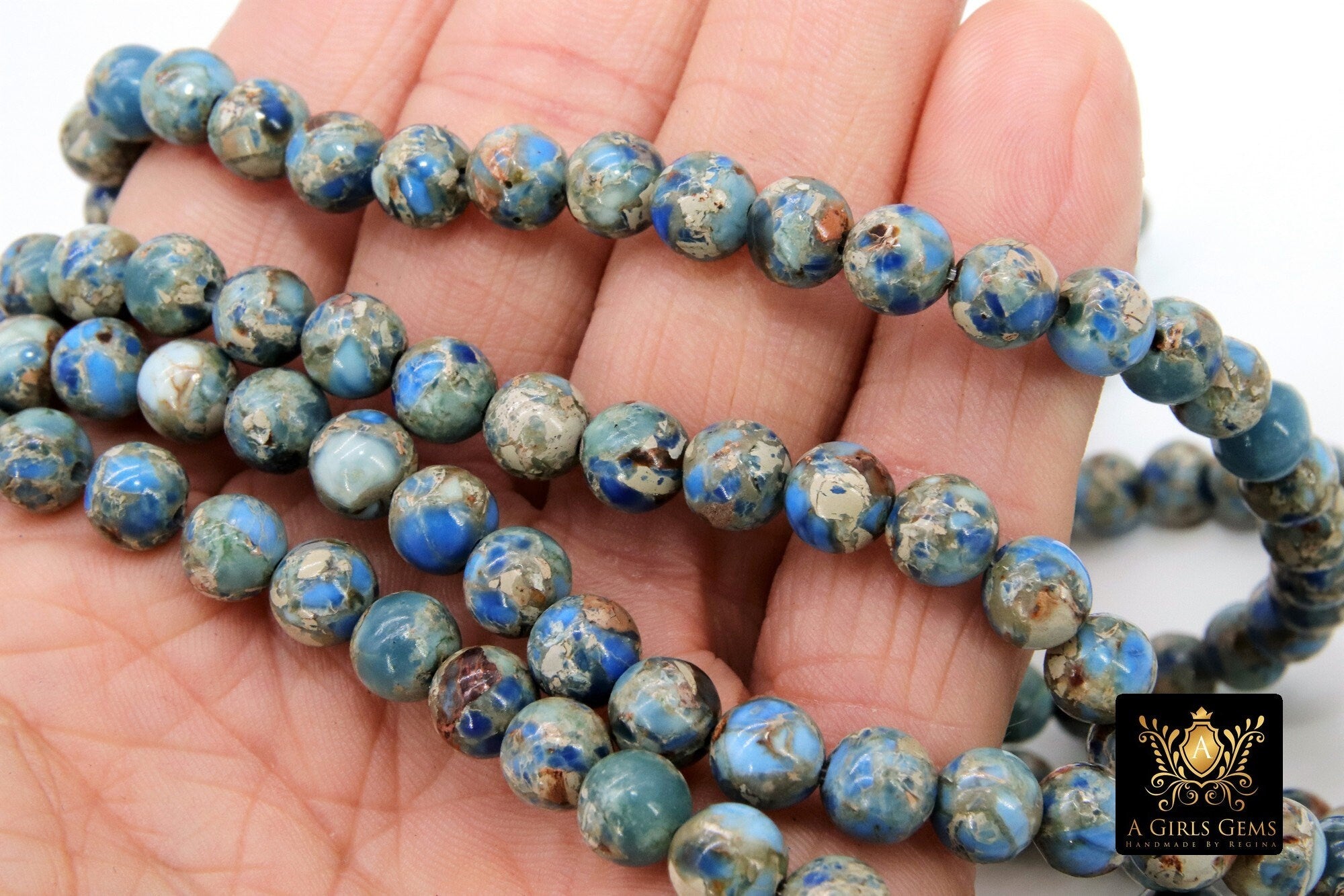Natural Imperial Baby Blue Jasper Beads, Sea Sediment Round Marbleized Beige and Light Gray Beads BS #2 - A Girls Gems