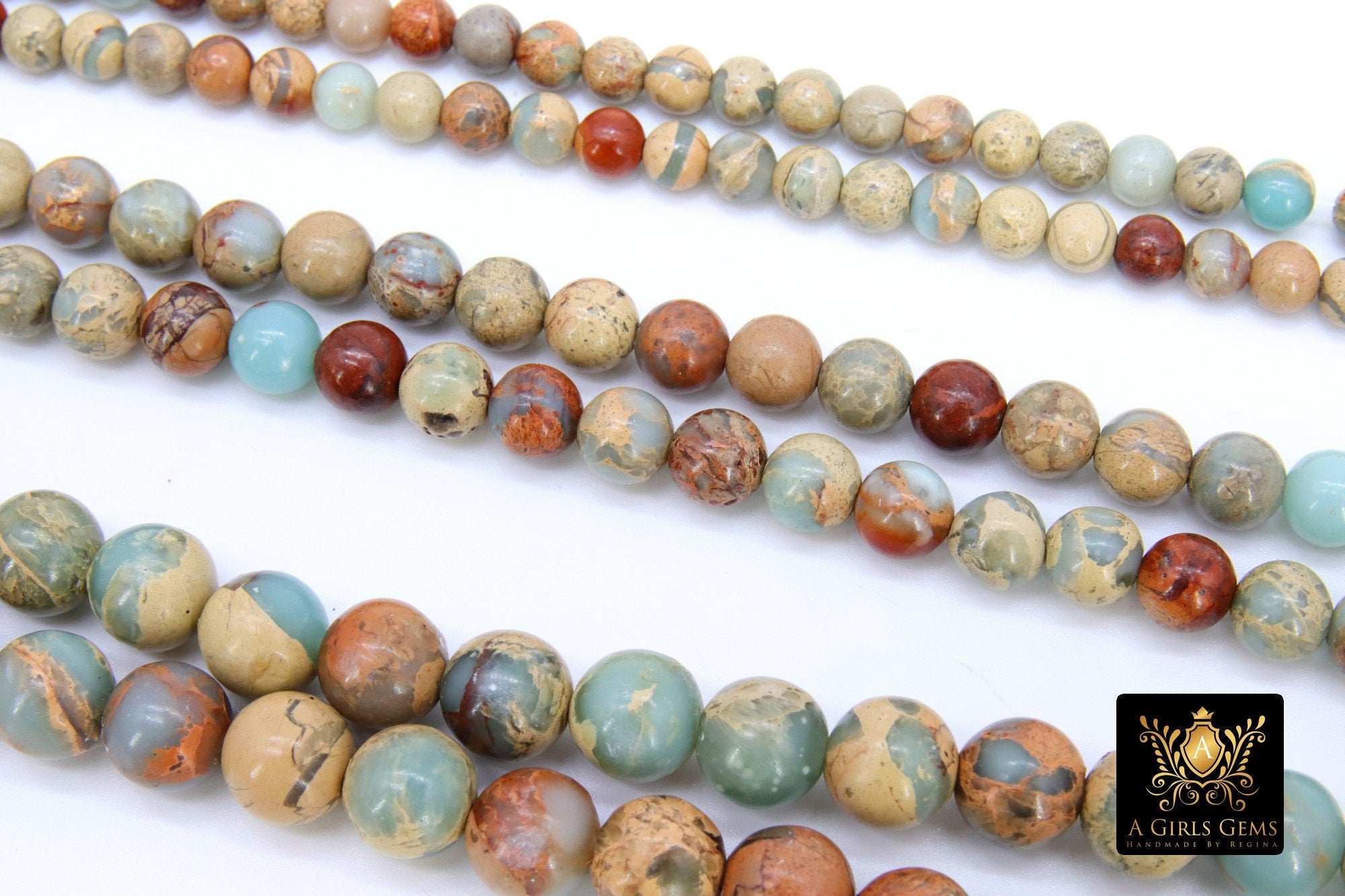 Natural African Blue Turquoise Opal Beads, Beige and Cream Round Jasper Beads, sizes  6mm 8mm 10mm 15.75 inch Strands - A Girls Gems
