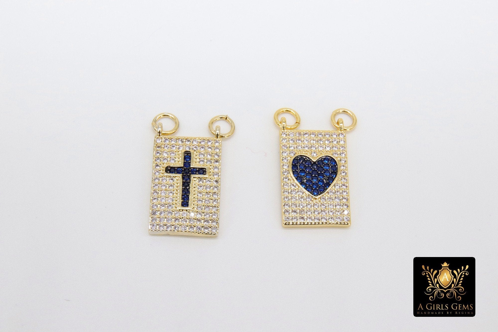 Gold CZ Pave Blue Cross Charm, 12 x 20 mm Scapula Heart Style Sapphire Rectangle Charm #442, 2 jump ring Connector - A Girls Gems
