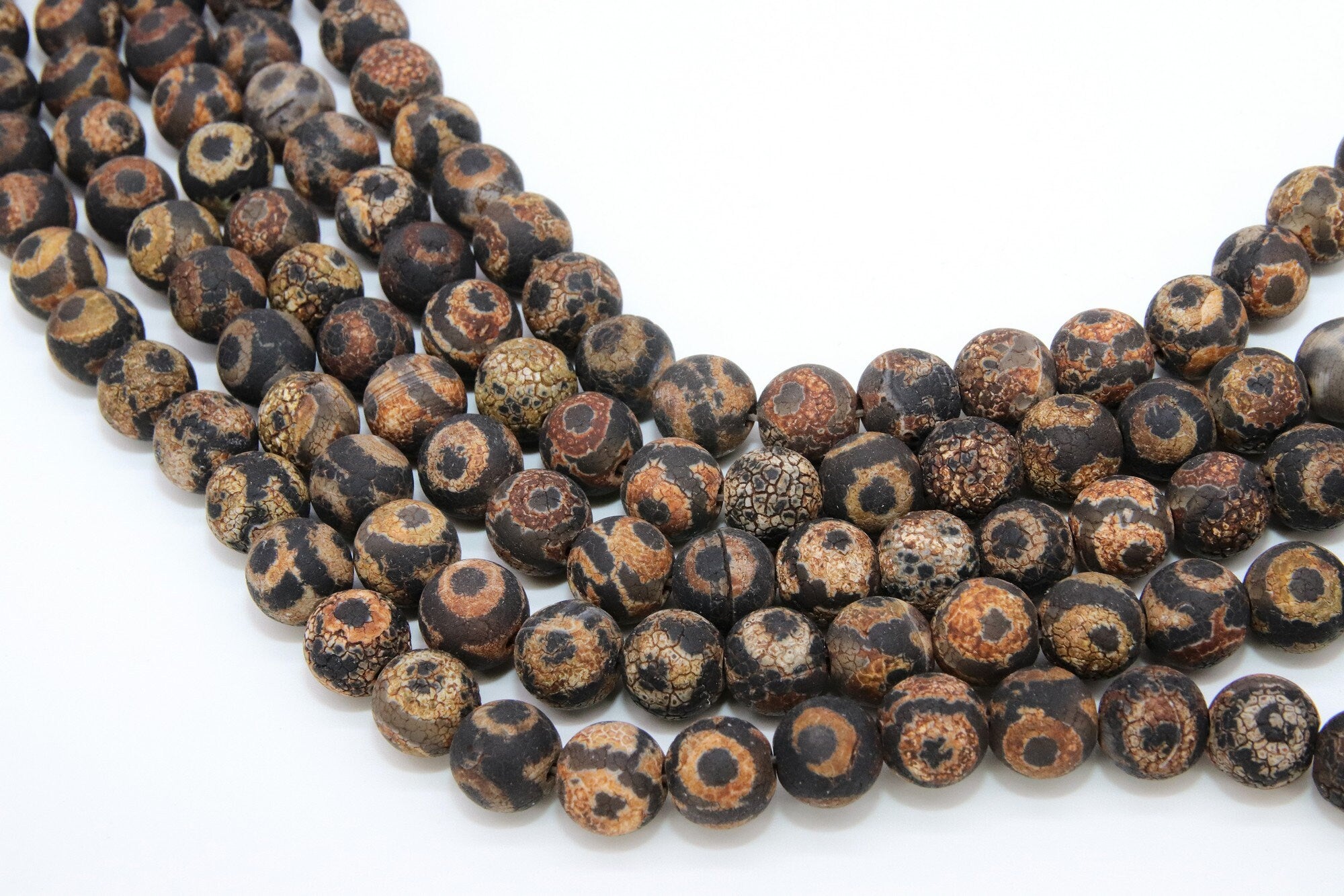 Tibetan DZI Agate Crackled Beads, Round Distressed Black and Beige Antique Brown Stripe Beads BS #70, sizes in 10 mm 15 inch Strands