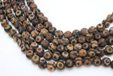 Tibetan DZI Agate Crackled Beads, Round Distressed Black and Beige Antique Brown Stripe Beads BS #70, sizes in 10 mm 15 inch Strands