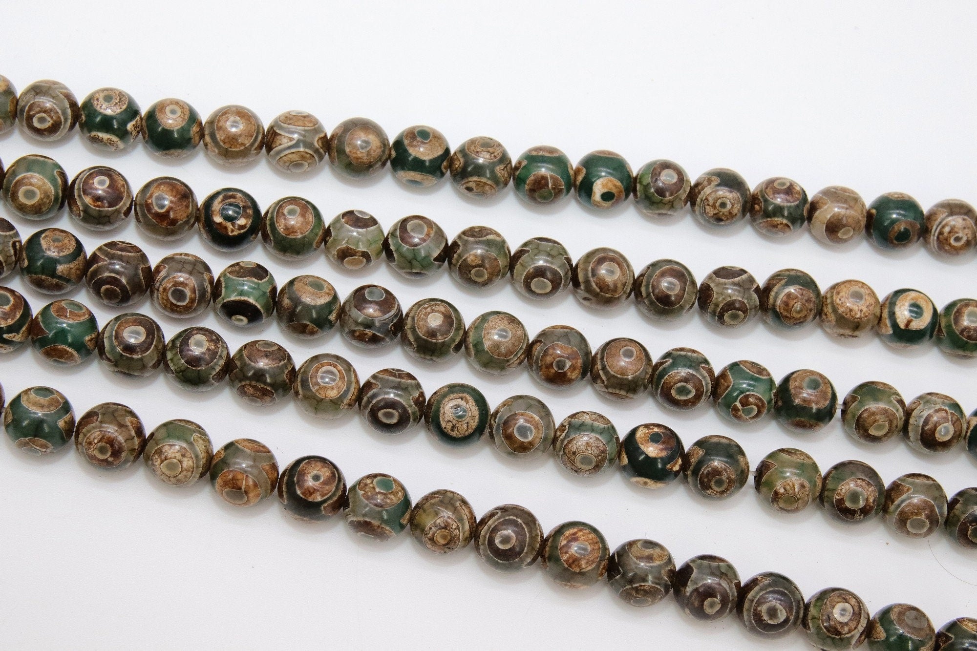 Tibetan DZI Agate Beads, Smooth Round Olive Hunter Green and Antique Brown Beads BS #37, sizes in 10 mm 15.75 inch Strands