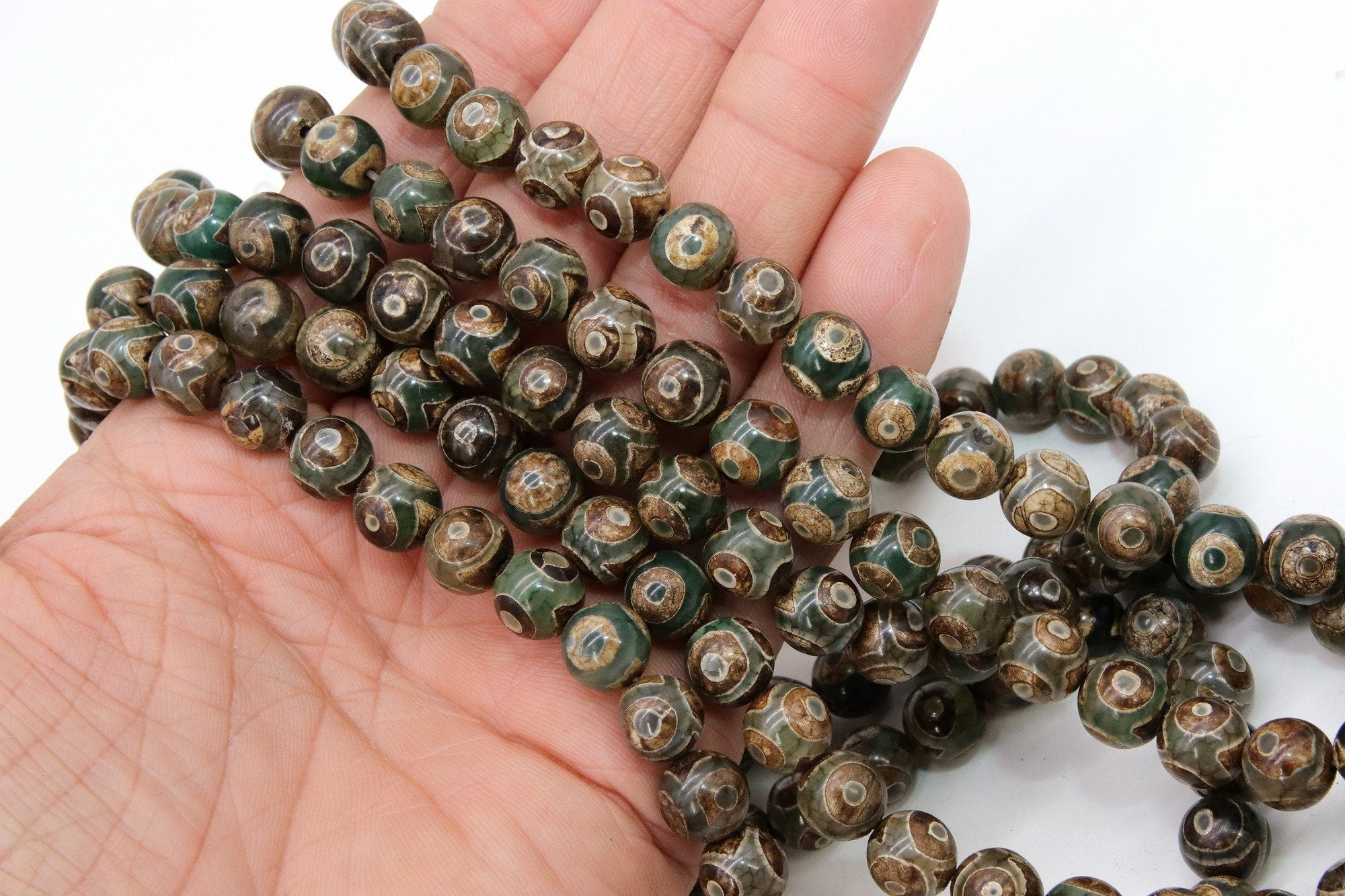 Tibetan DZI Agate Beads, Smooth Round Olive Hunter Green and Antique Brown Beads BS #37, sizes in 10 mm 15.75 inch Strands